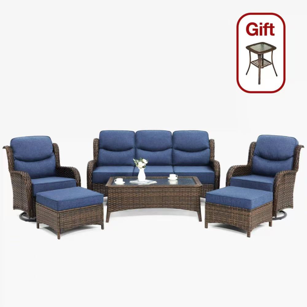 Hawthorne Blue Wicker Furniture Patio Sofa And Swivel Glider Chairs With 6-Inch Cushions