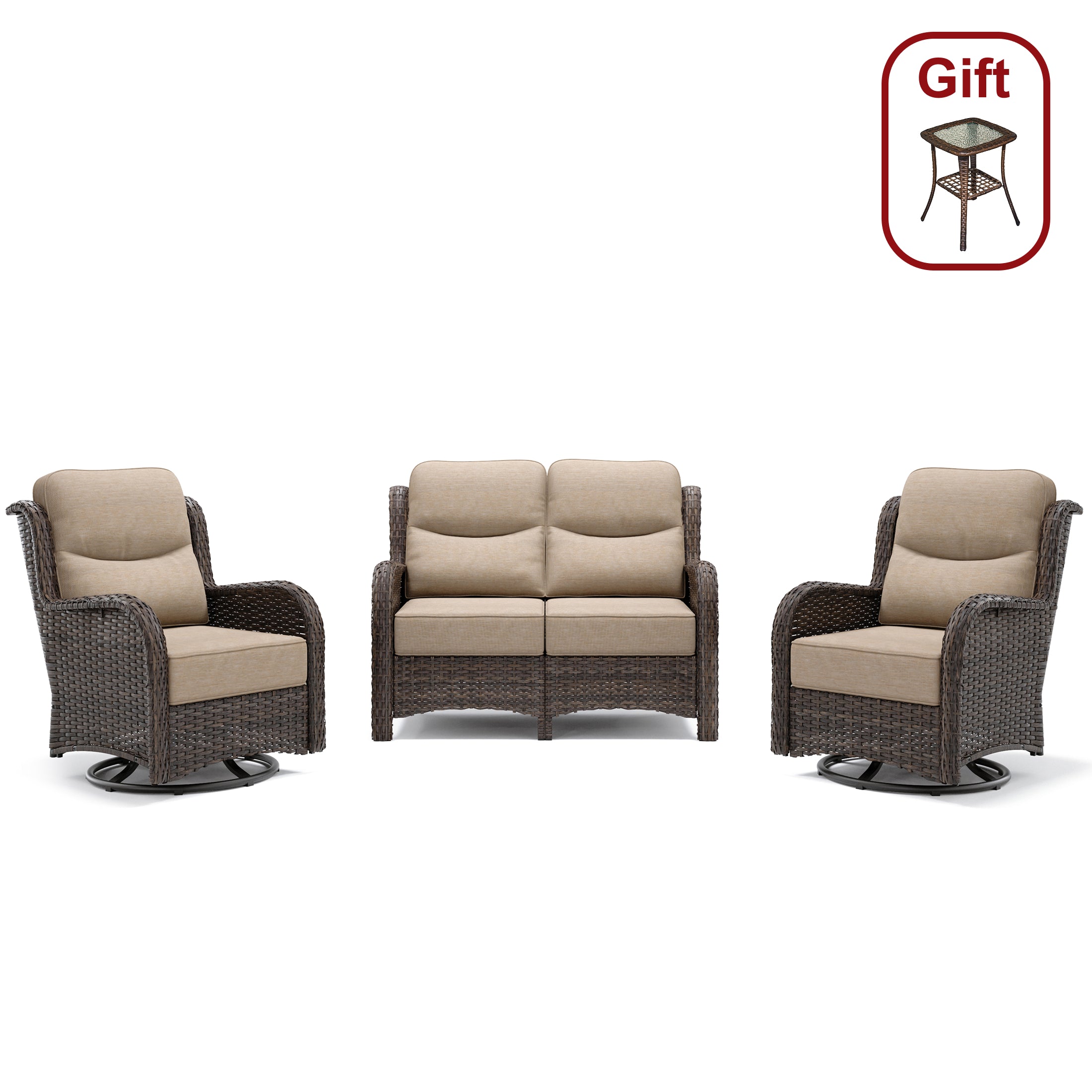 【Quick Assembly Collection】Patio Wicker 3-Min 4 Seater Loveseat Set With Swivel Glider Chairs