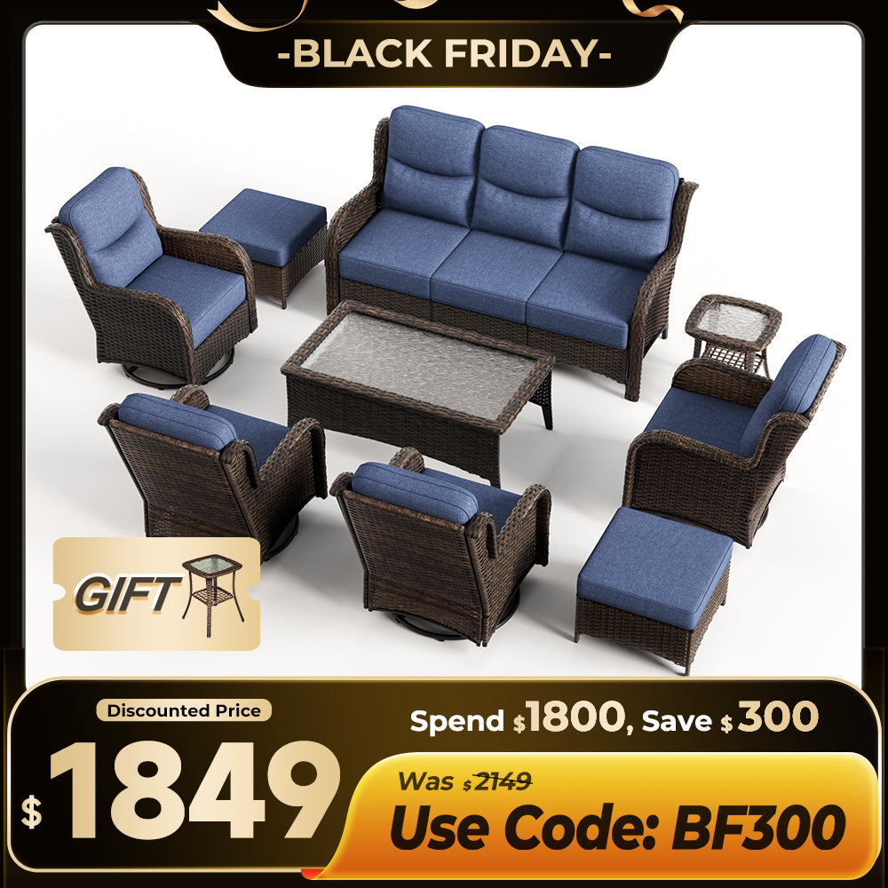 Hawthorne Blue Wicker Furniture Patio Sofa And Swivel Glider Chairs With 6-Inch Cushions