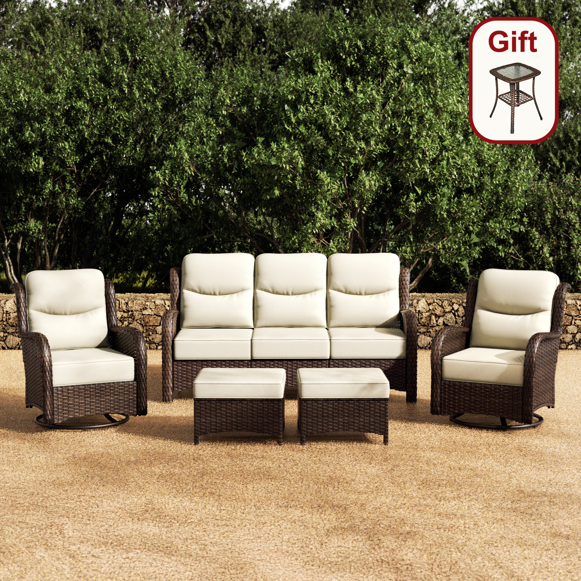 Hawthorne 5 Piece Patio Rattan Sofa Set with Swivel Chairs & Ottomans