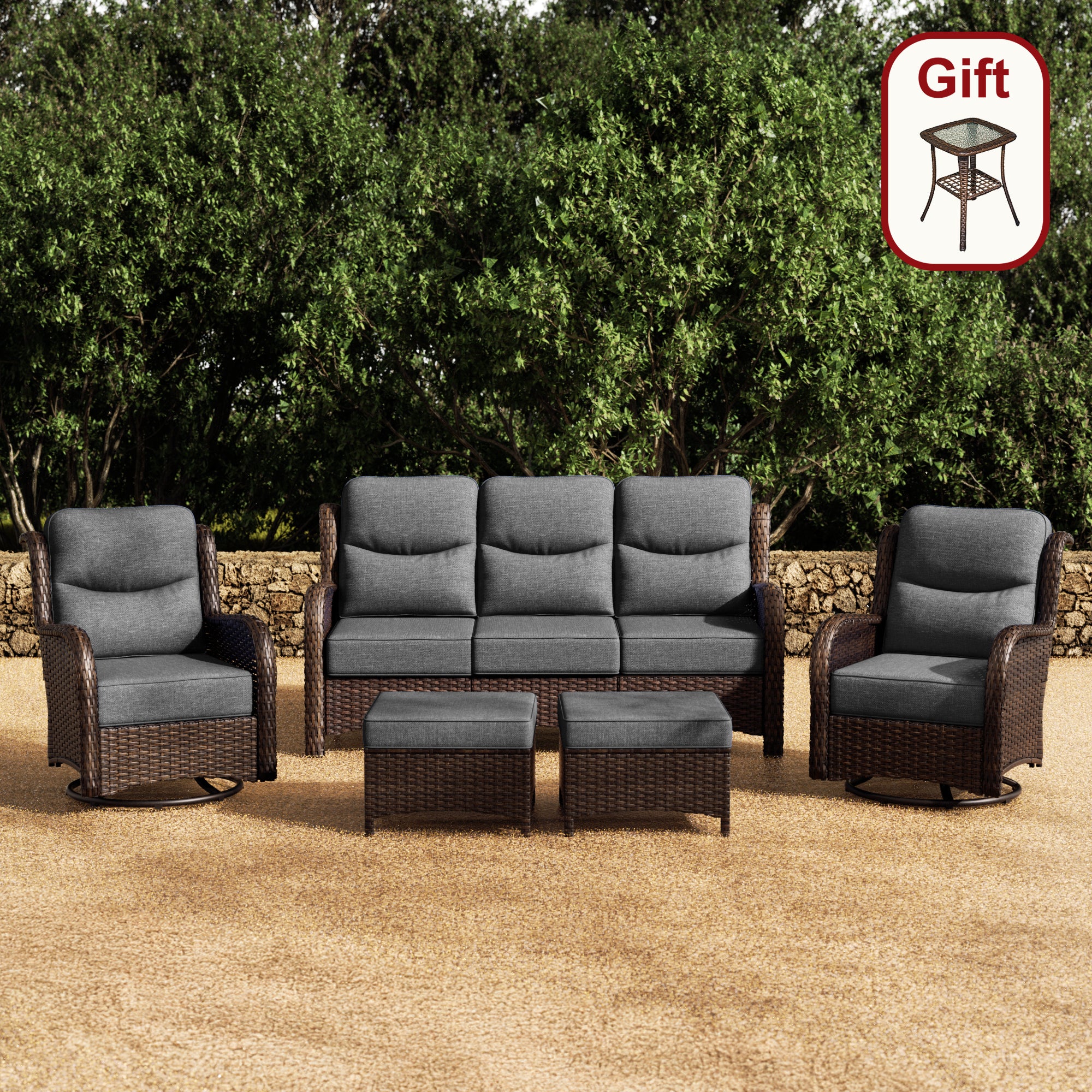 Hawthorne 5 Piece Patio Rattan Sofa Set with Swivel Chairs & Ottomans