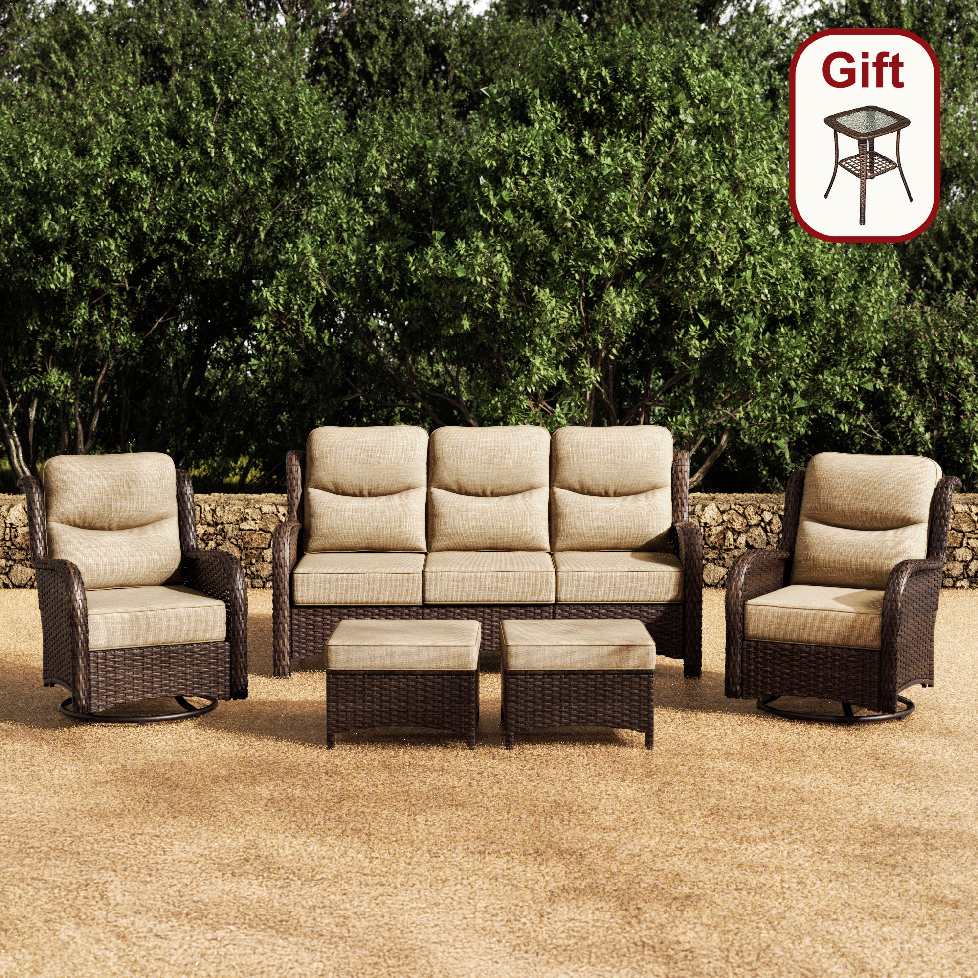 Hawthorne 5 Piece Patio Rattan Sofa Set with Swivel Chairs & Ottomans