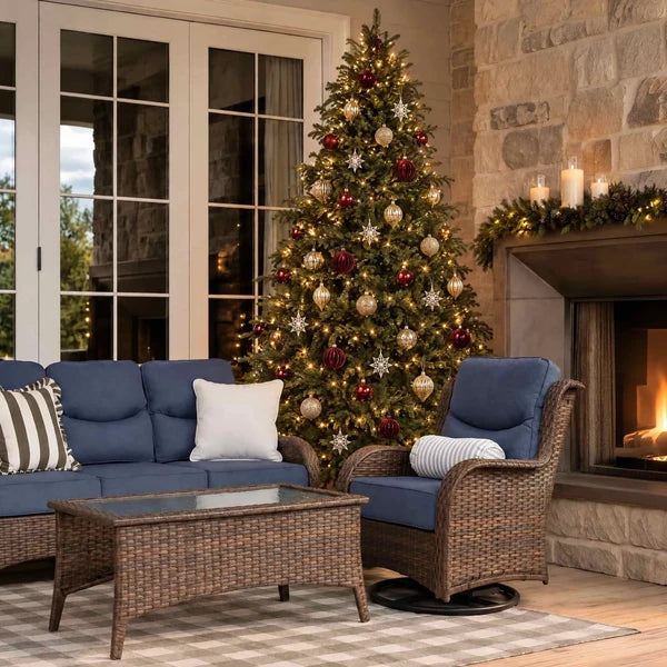 Hawthorne 6 Pieces Outdoor Wicker Sofa Set With 7.5 ft Pre-Lit Noble Fir Christmas Tree