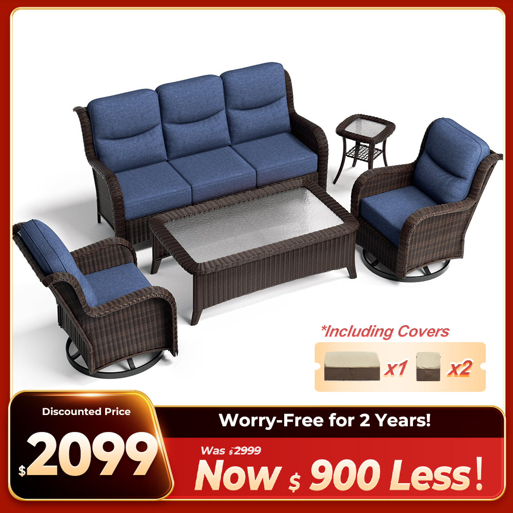 Ardenelle Luxury 5 Piece Patio Wicker Blue Sofa Set With Tables