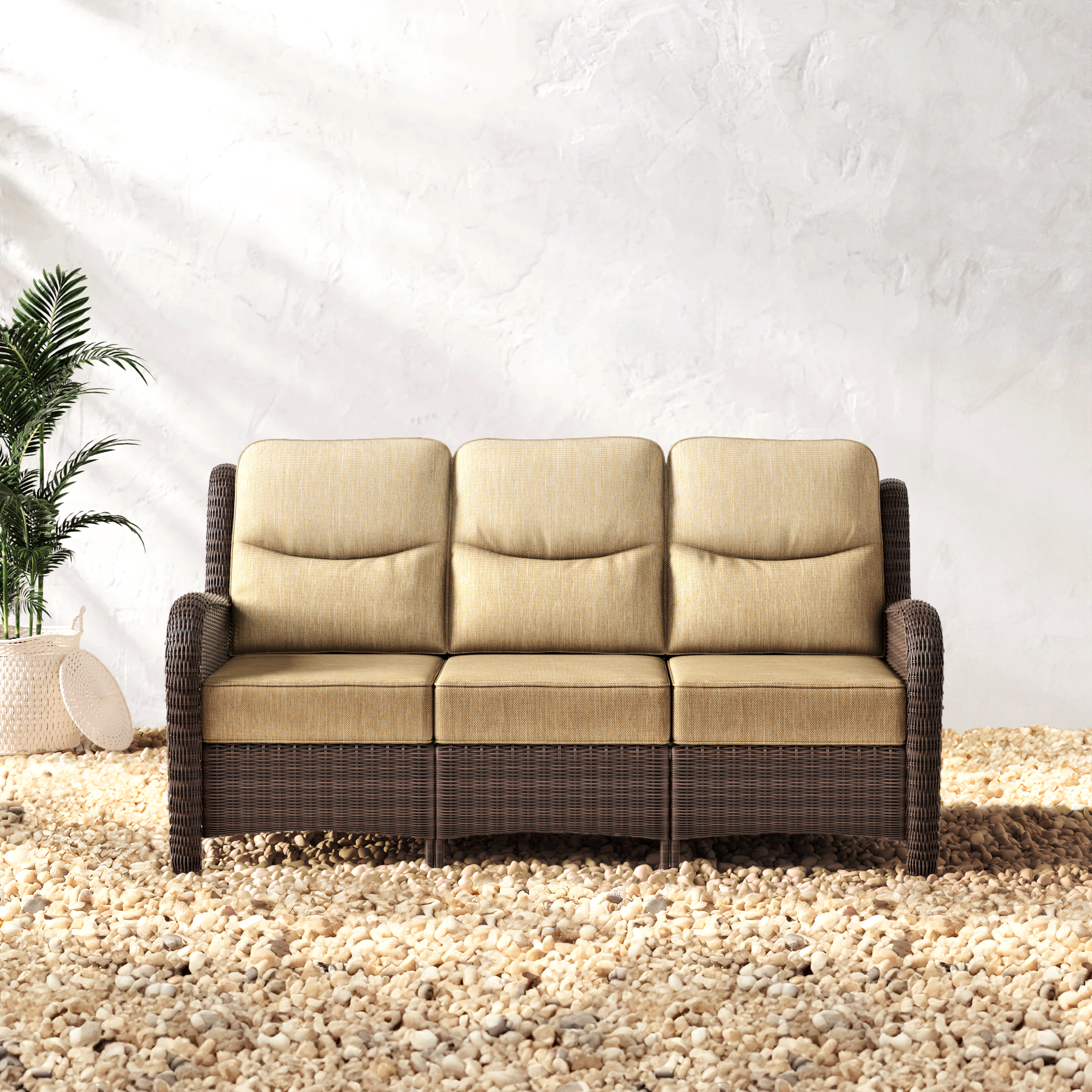 Ardenelle Luxury Patio Furniture Wicker 3-Seater Sofa & Outdoor Swivel Glider Chairs In Sand With High Back 6-Inch Thick Cushions For Porch, Deck, Backyard