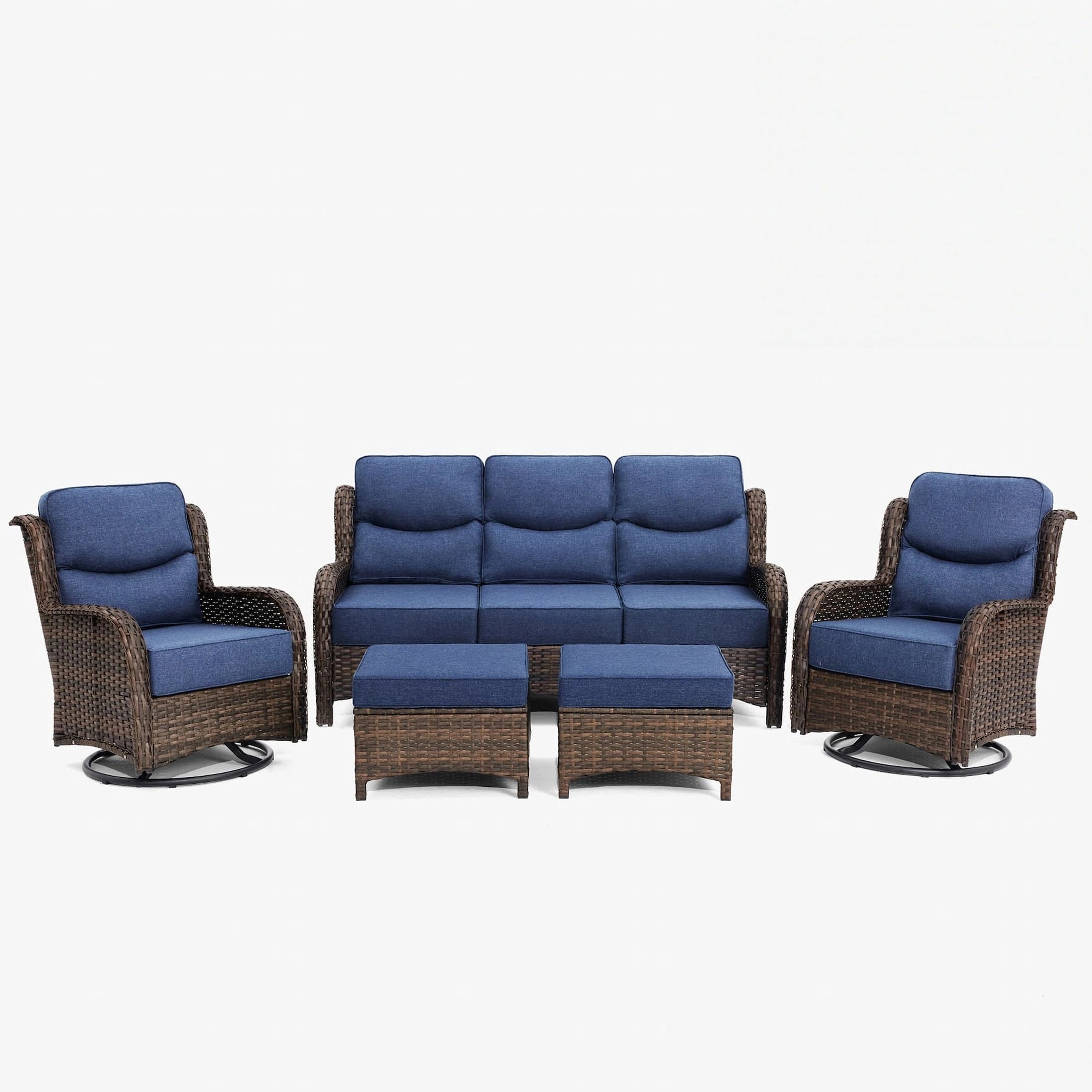 Hawthorne 5 Piece Patio Rattan Sofa Set with Swivel Chairs & Ottomans