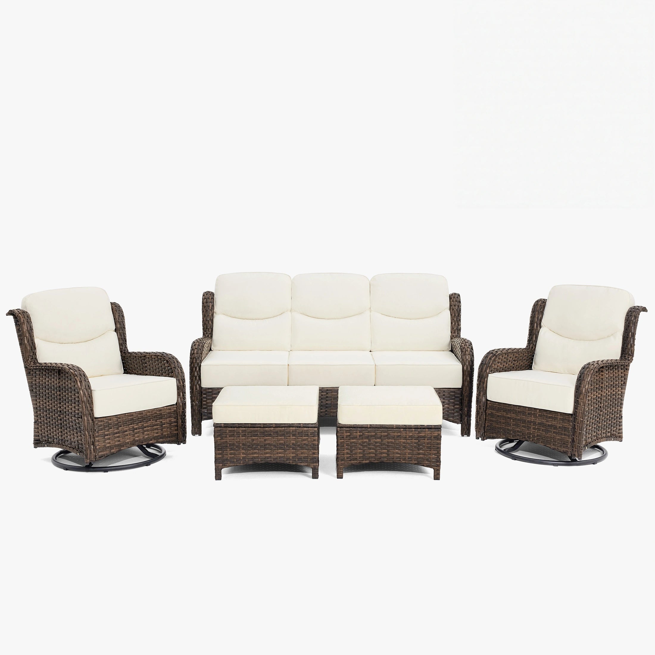 Hawthorne 5 Piece Patio Rattan Sofa Set with Swivel Chairs & Ottomans