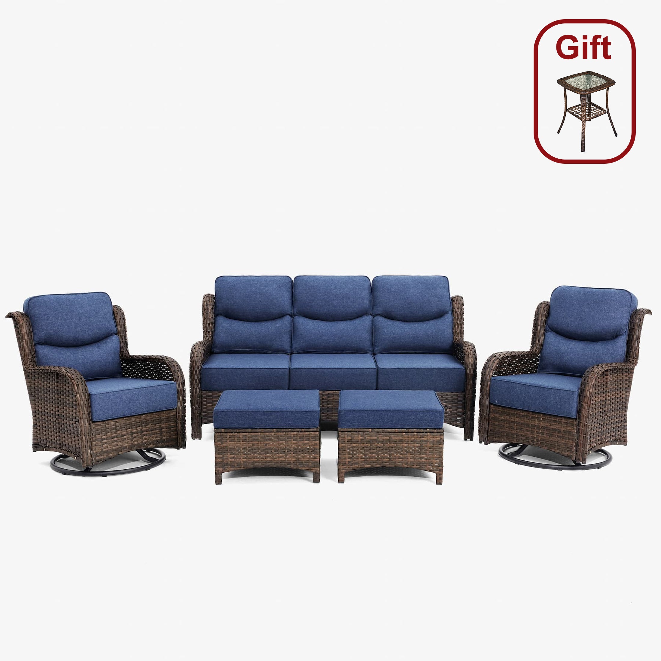 Hawthorne 5 Piece Patio Rattan Sofa Set with Swivel Chairs & Ottomans