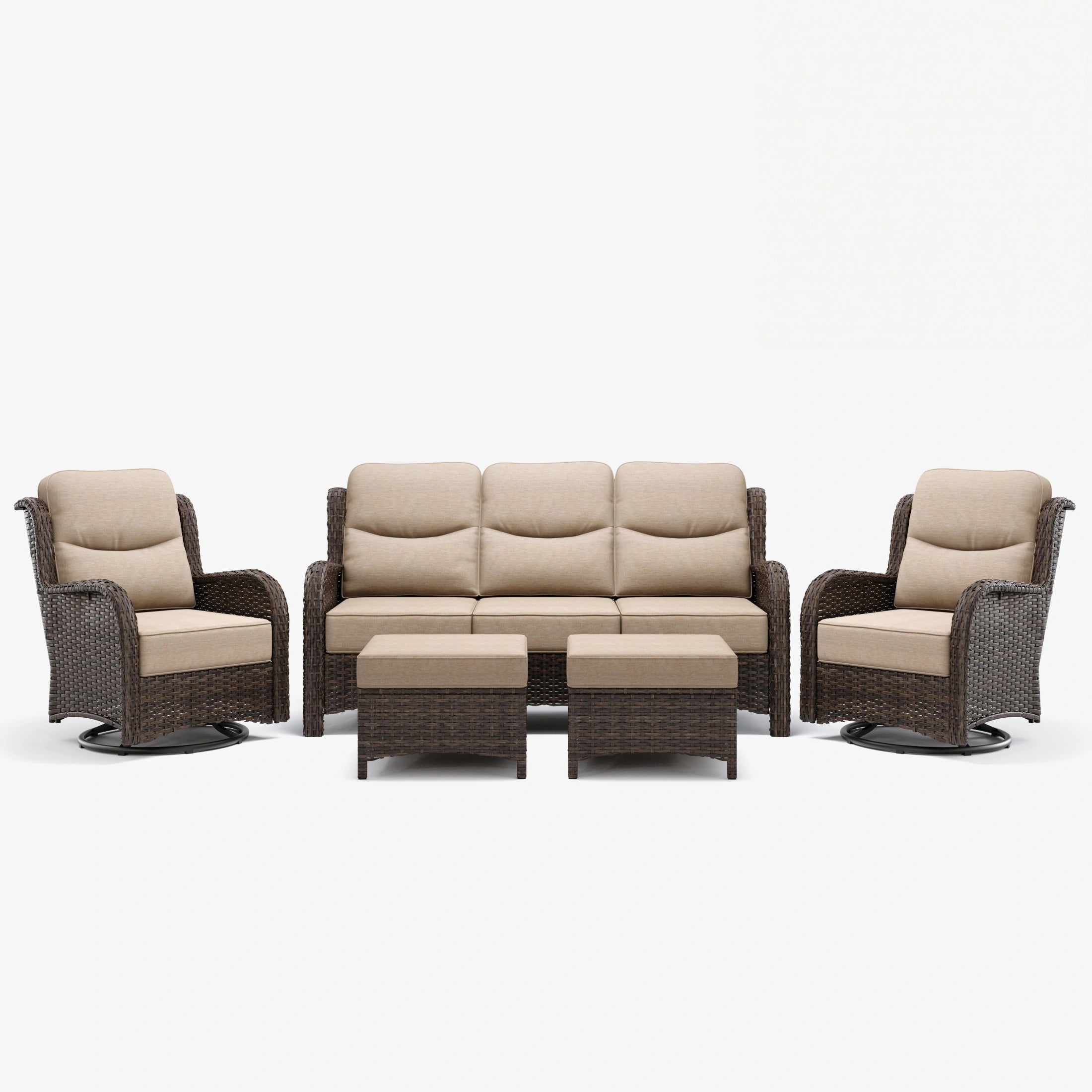Hawthorne 5 Piece Patio Rattan Sofa Set with Swivel Chairs & Ottomans