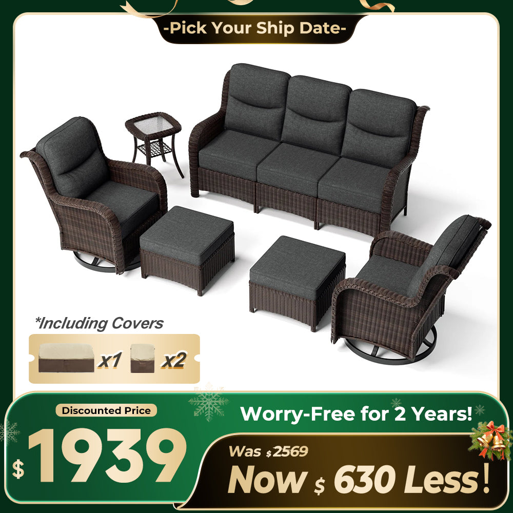 Ardenelle Luxury 6 Piece Patio Wicker Sofa Set With Ottomans, Side tables And Covers