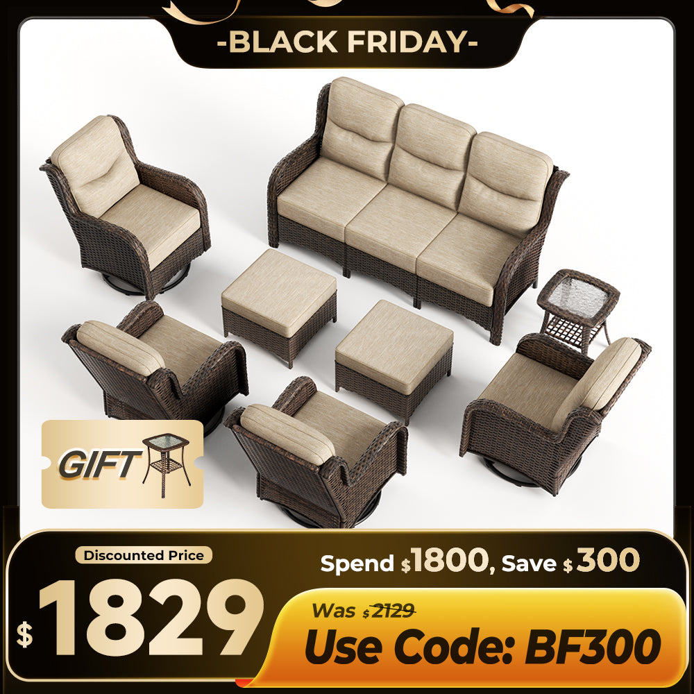 【Extra $300 OFF | CODE: BF300】Hawthorne 8 Piece Outdoor Wicker Sofa Set With Swivel Chairs & Ottomans For Backyard