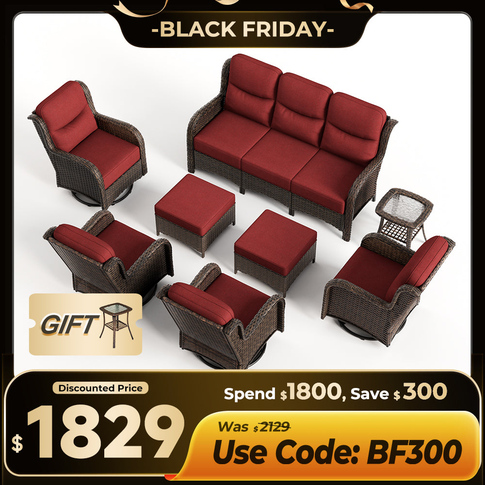 【Extra $300 OFF | CODE: BF300】Hawthorne 8 Piece Outdoor Wicker Sofa Set With Swivel Chairs & Ottomans For Backyard