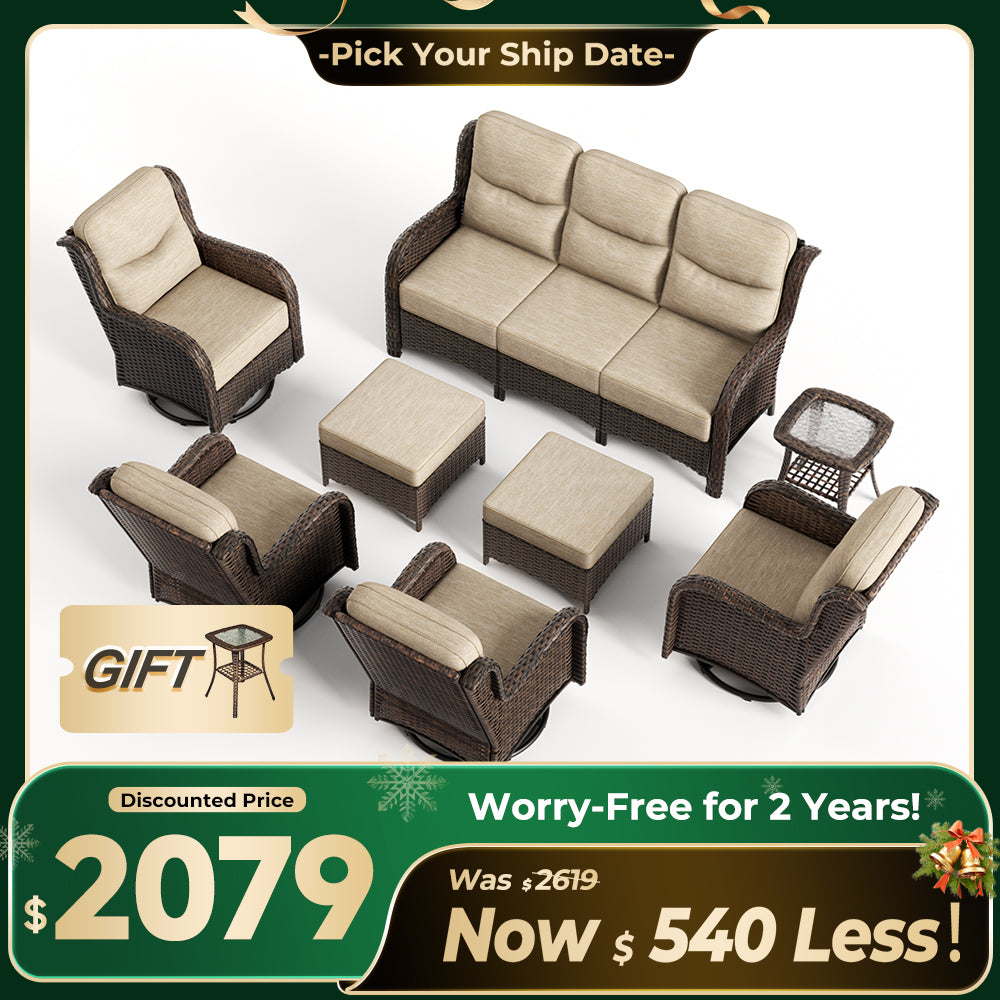 Hawthorne 8 Piece Outdoor Wicker Sofa Set With Swivel Chairs & Ottomans For Backyard