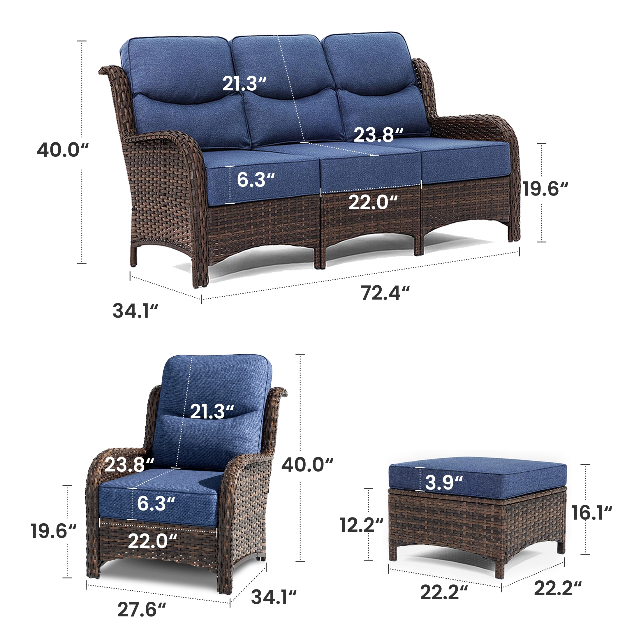 Hawthorne 5 Piece Patio Rattan Loung Furniture Set With 3-Seater Sofa & Ottomans For Backyard