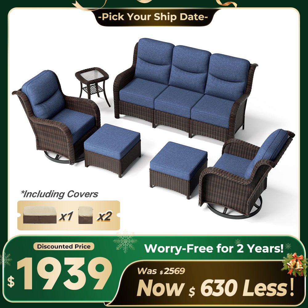 Ardenelle Luxury 6 Piece Patio Wicker Sofa Set With Ottomans, Side tables And Covers