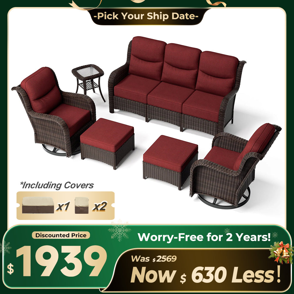 Ardenelle Luxury 6 Piece Patio Wicker Sofa Set With Ottomans, Side tables And Covers