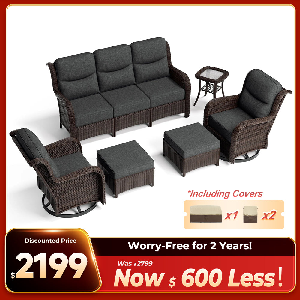 Ardenelle Luxury 6 Piece Patio Wicker Sofa Set With Ottomans, Side tables
