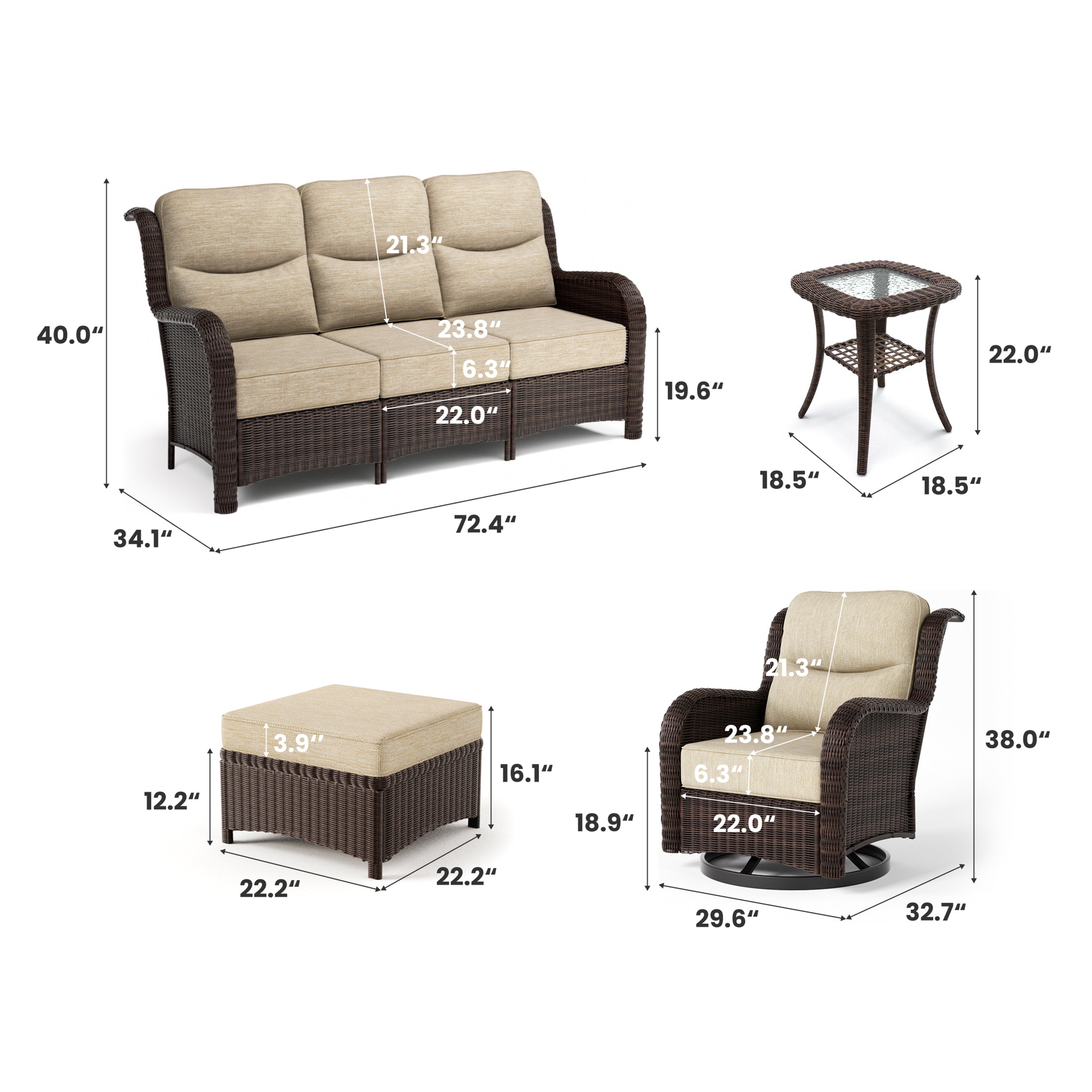 Ardenelle Luxury 6 Piece Patio Wicker Sofa Set With Ottomans, Side tables