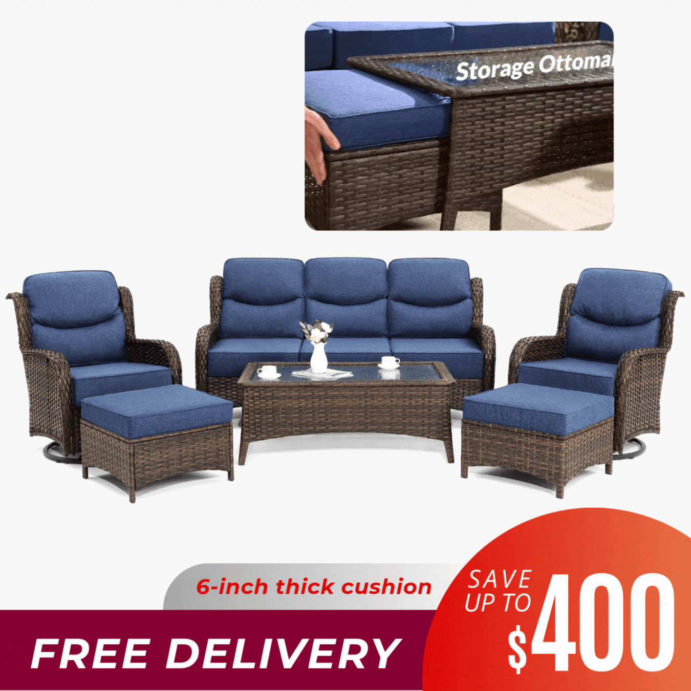 Hawthorne 6 Pieces Navy Sofa Set