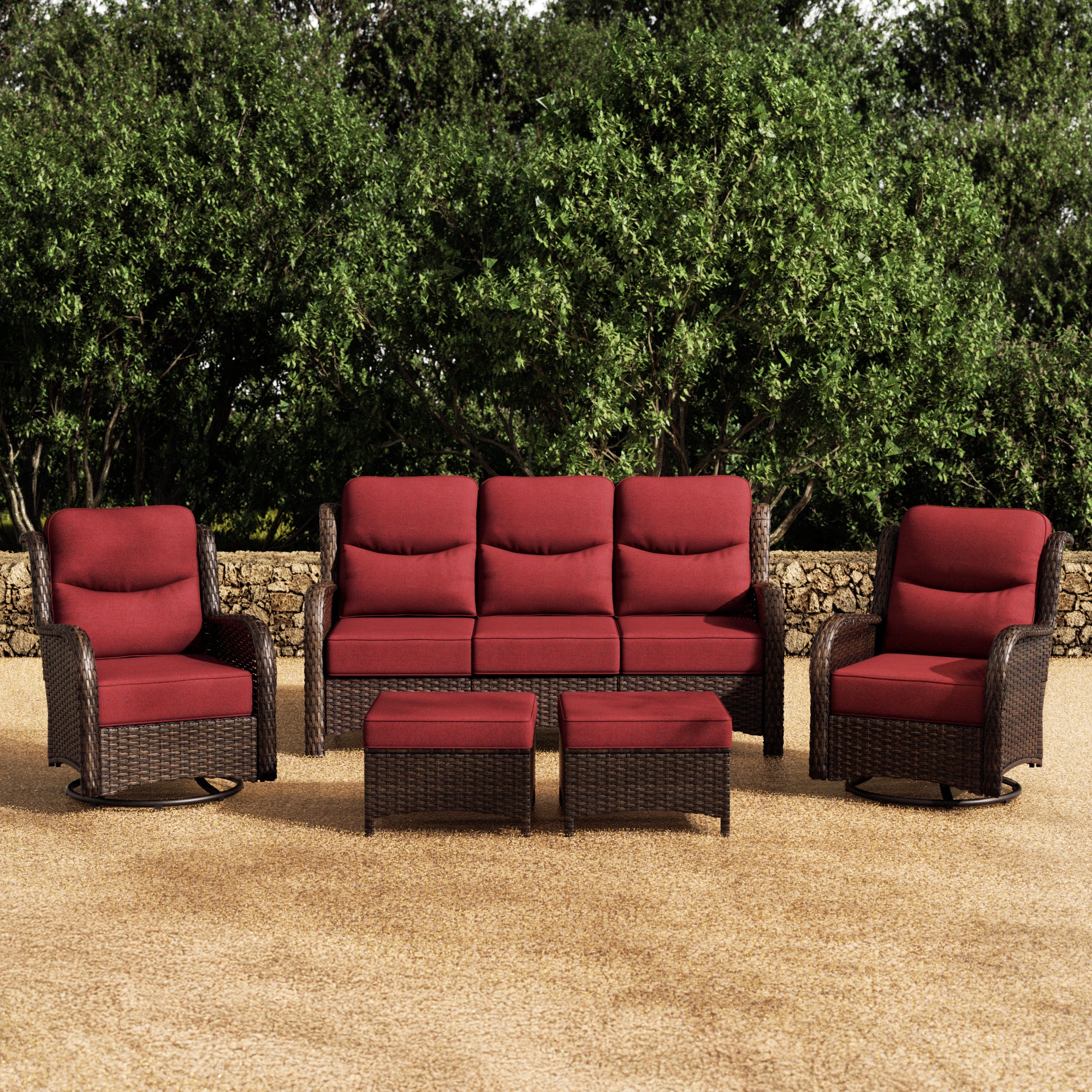 Hawthorne 5 Piece Patio Rattan Sofa Set with Swivel Chairs & Ottomans