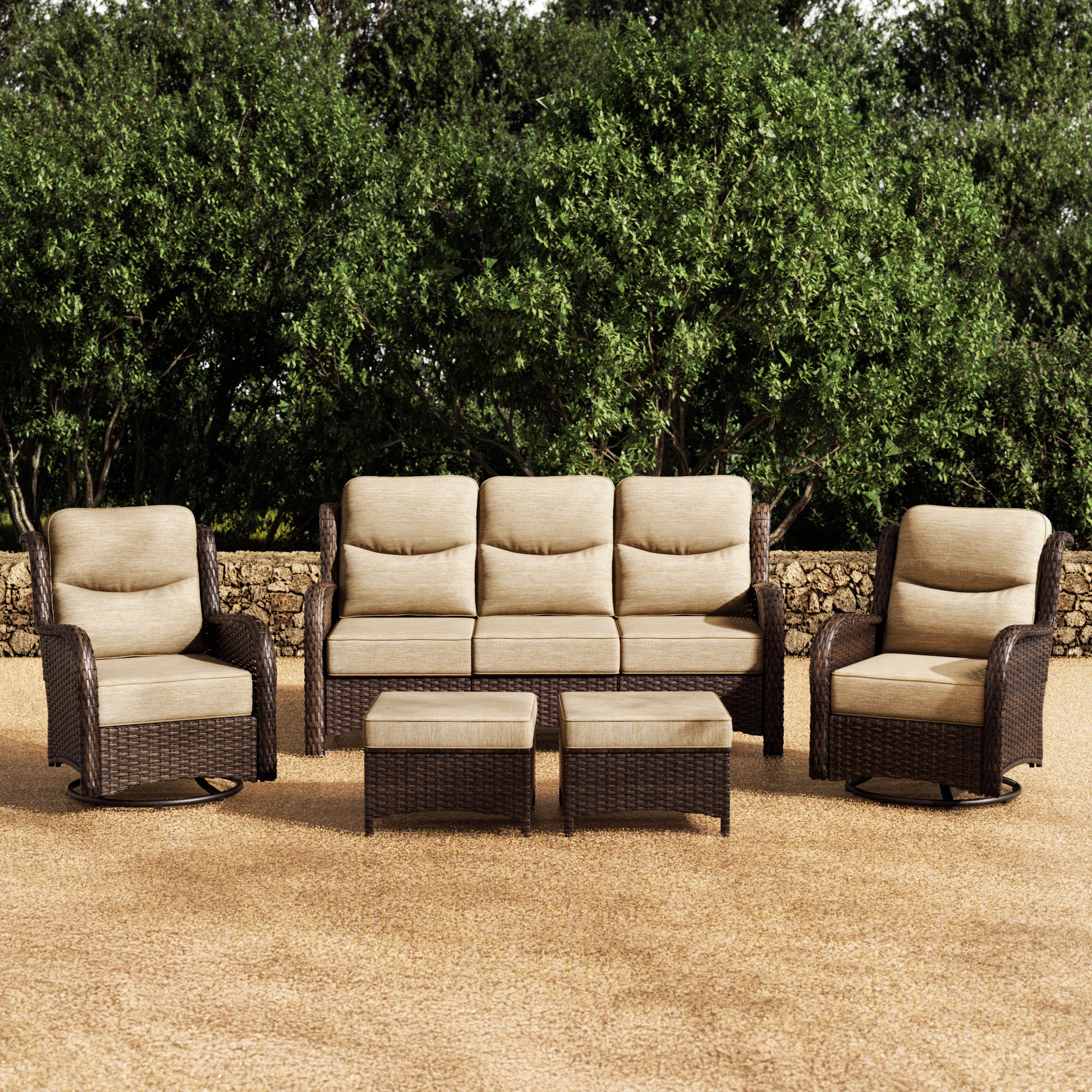 Hawthorne 5 Piece Patio Rattan Sofa Set with Swivel Chairs & Ottomans