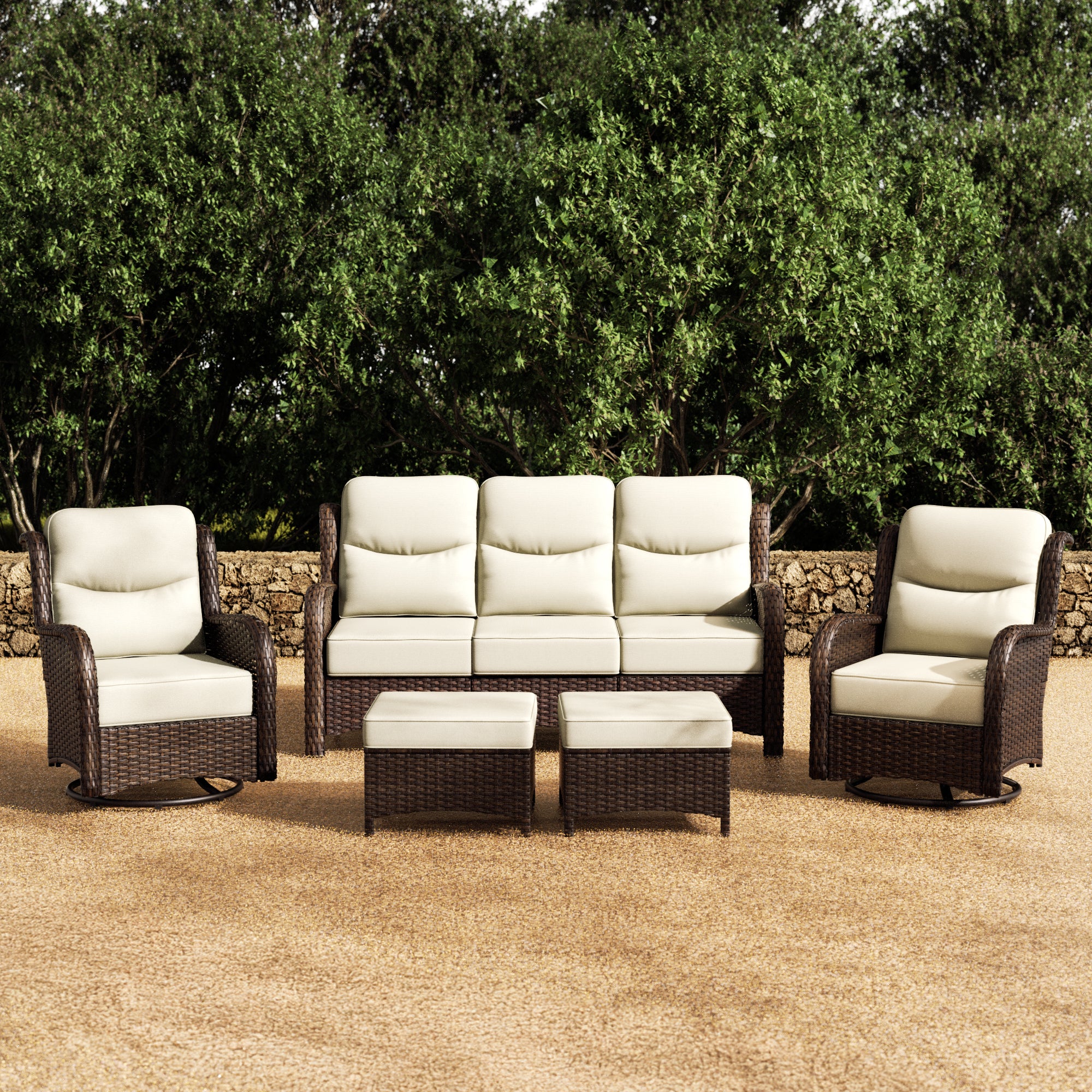 Hawthorne 5 Piece Patio Rattan Sofa Set with Swivel Chairs & Ottomans