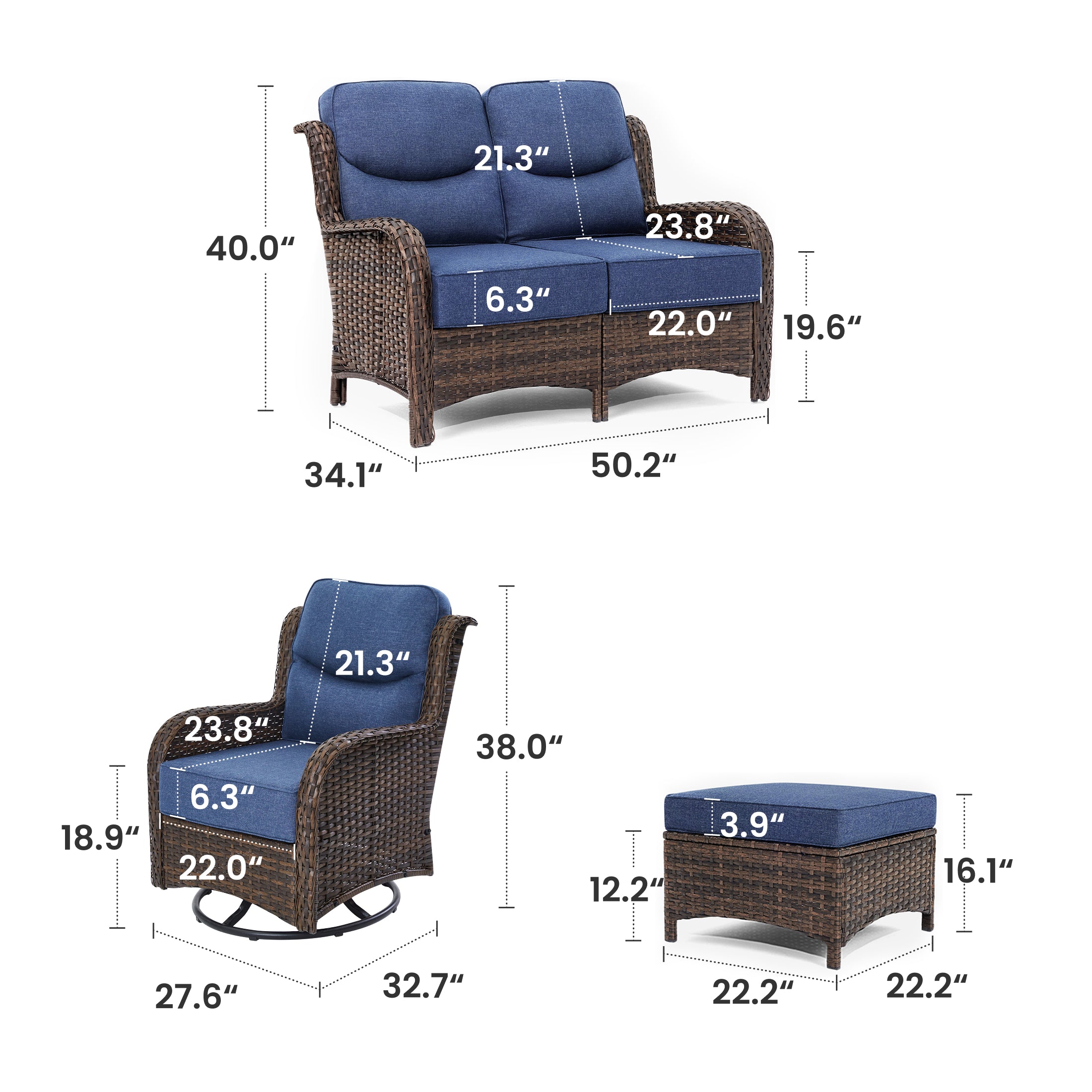 Hawthorne 5 Pieces Patio Wicker Loveseat Set With Ottomans