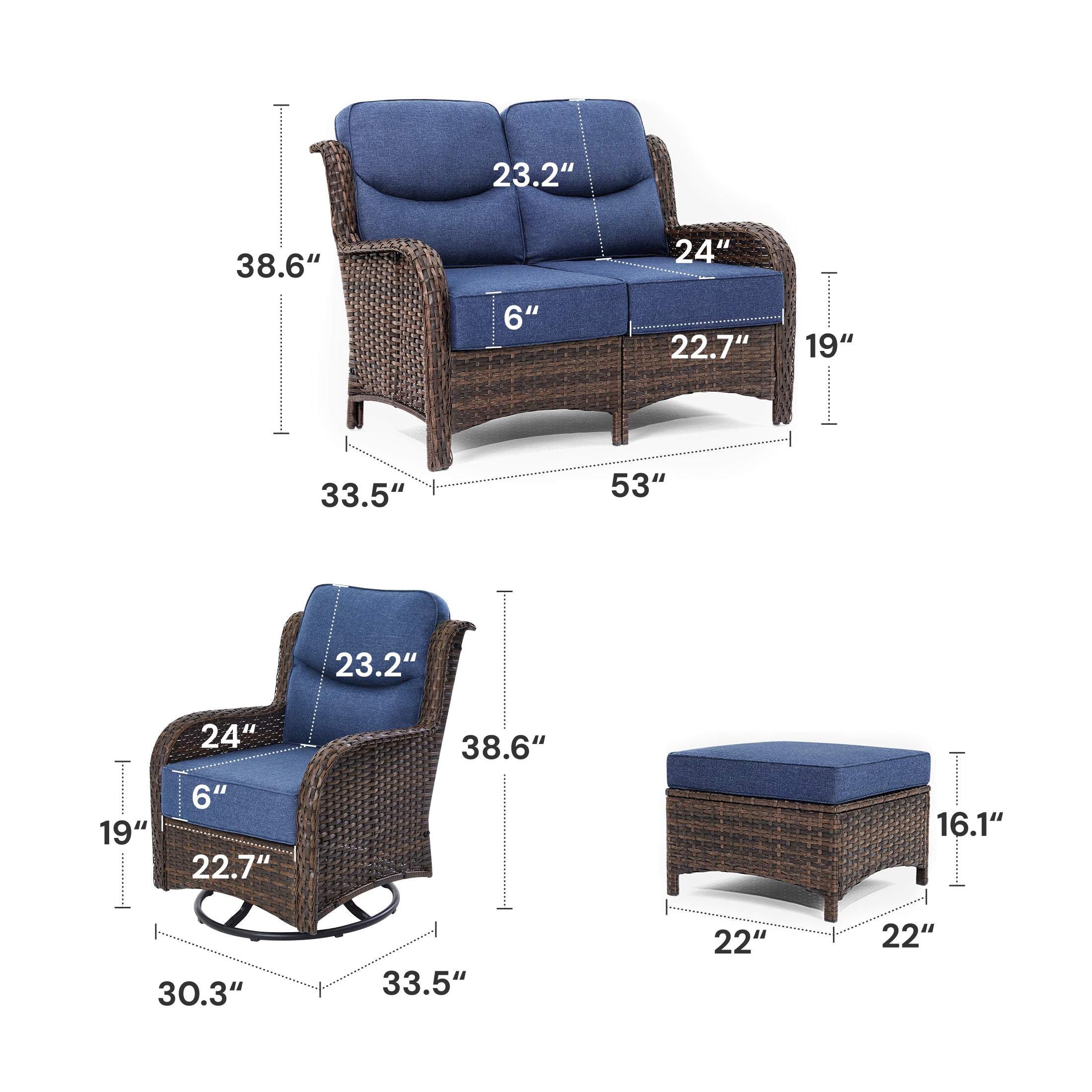 Hawthorne 5 Pieces Patio Wicker Loveseat Set With Ottomans
