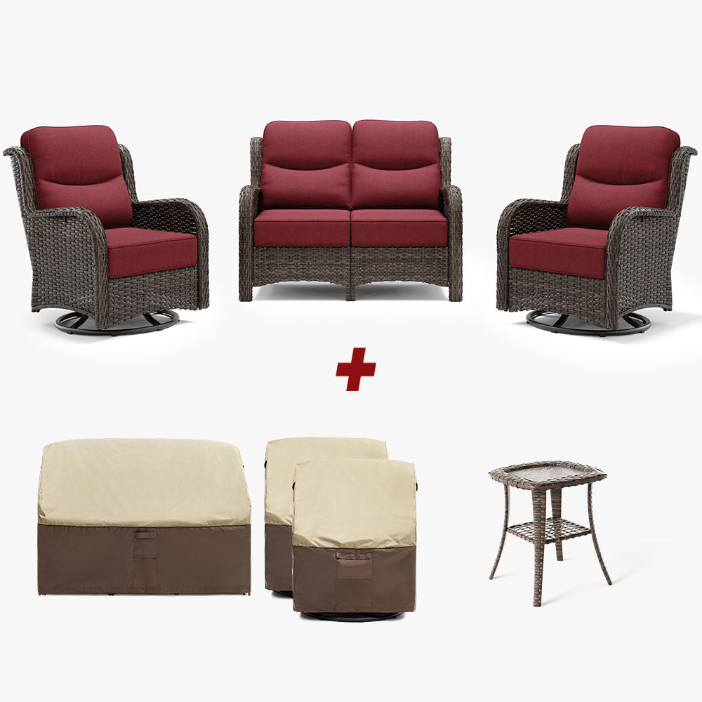 【Extra Covers: $50 More】Hawthorne 6 Piece Patio Rattan Loveseat Set With Extra All Weather Covers