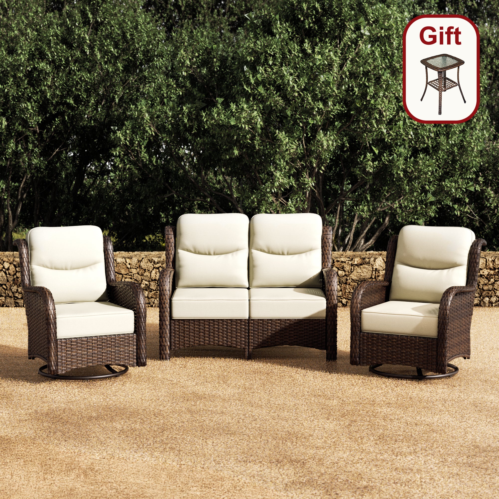Hawthorne 4 Seater Patio Rattan Loveseat Set With Swivel Glider Chairs