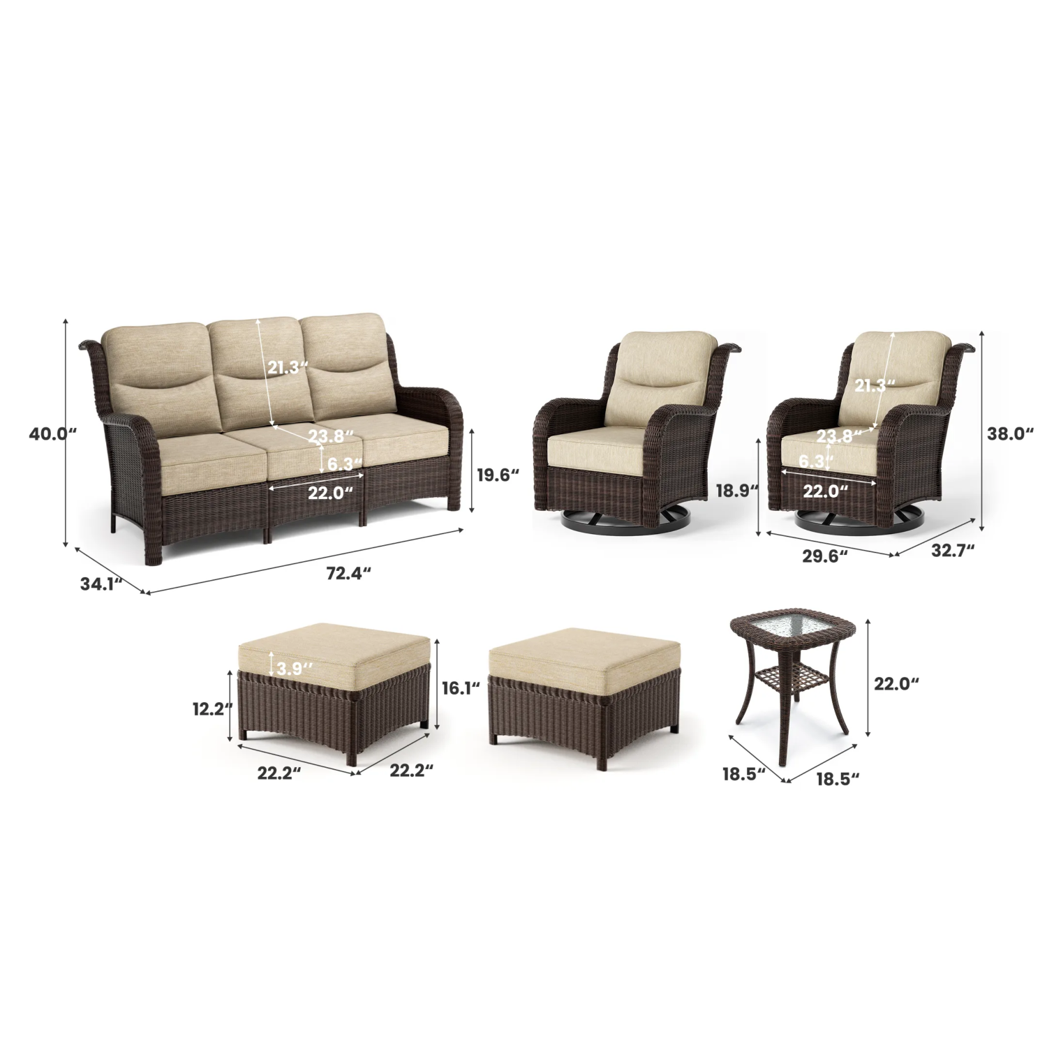 Ardenelle Luxury 6 Piece Patio Wicker Sofa Set With Ottomans, Side tables And Covers