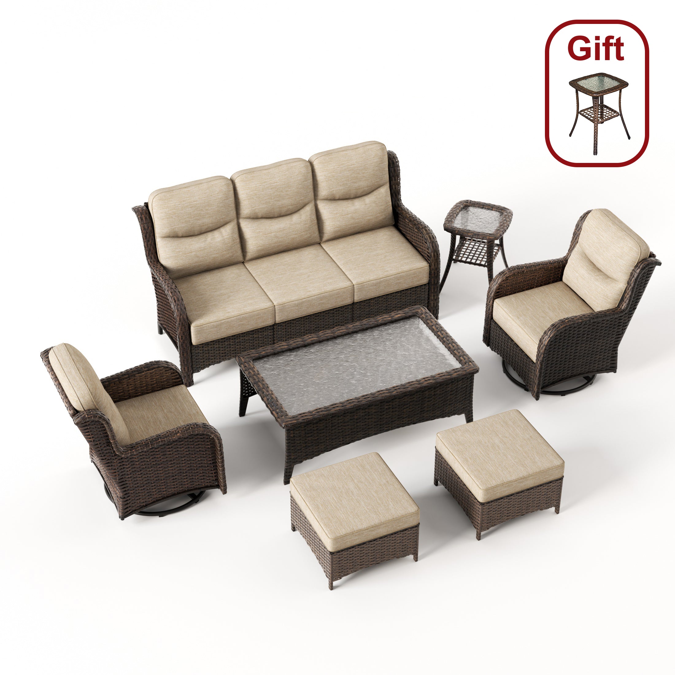 Hawthorne Sand Wicker Furniture Patio Sofa And Swivel Glider Chairs With 6-Inch Cushions