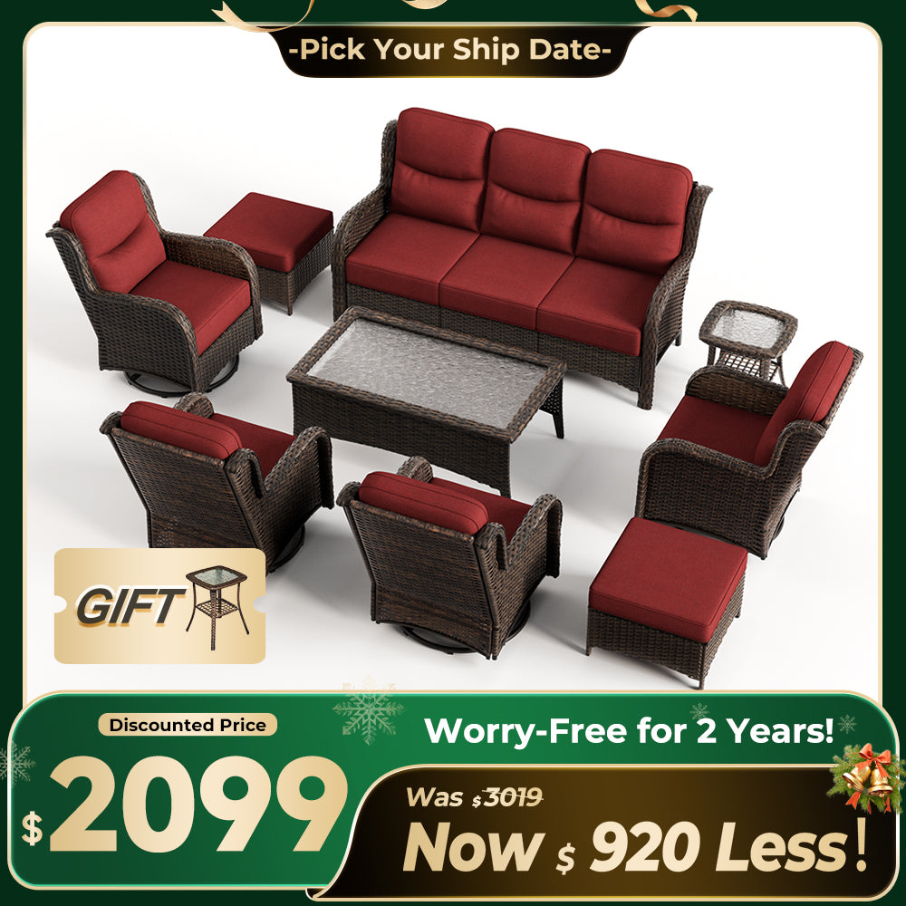 Hawthorne Red Wicker Furniture Patio Sofa And Swivel Glider Chairs With 6-Inch Cushions