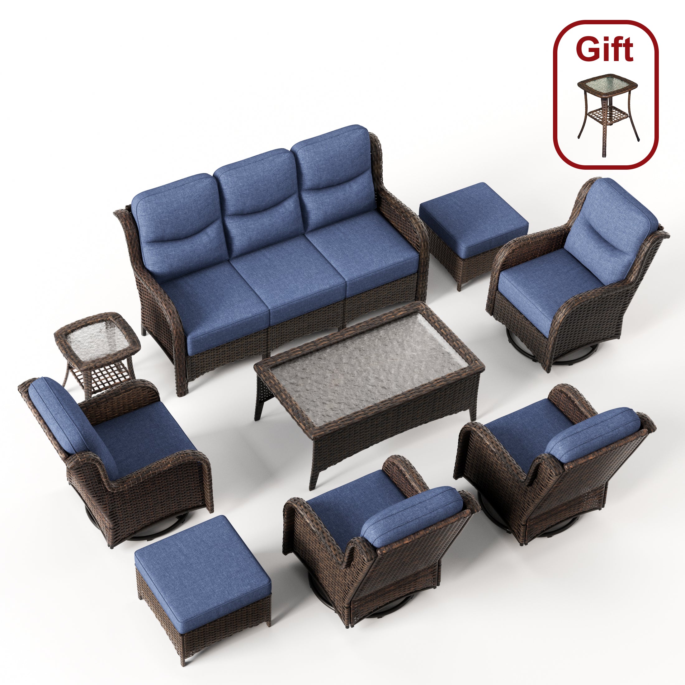 Hawthorne Blue Wicker Furniture Patio Sofa And Swivel Glider Chairs With 6-Inch Cushions