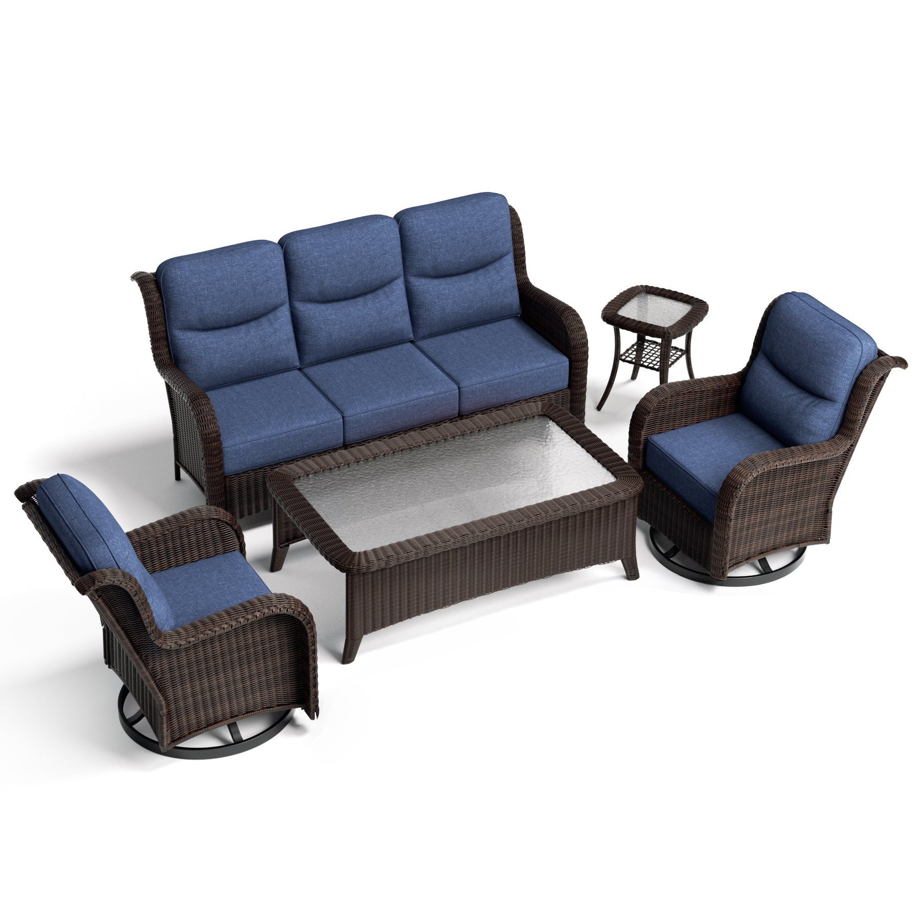 Ardenelle Luxury 5 Piece Patio Wicker Blue Sofa Set With Tables