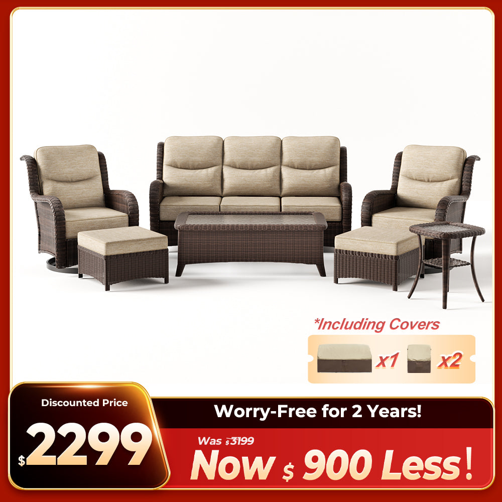 Ardenelle Luxury 7 Piece Patio Wicker Sofa Set With Ottomans, Tables