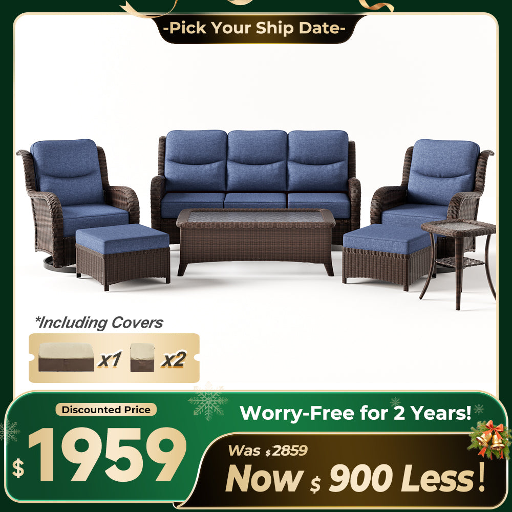 Ardenelle Luxury 7 Piece Patio Wicker Sofa Set With Ottomans, Tables And Covers