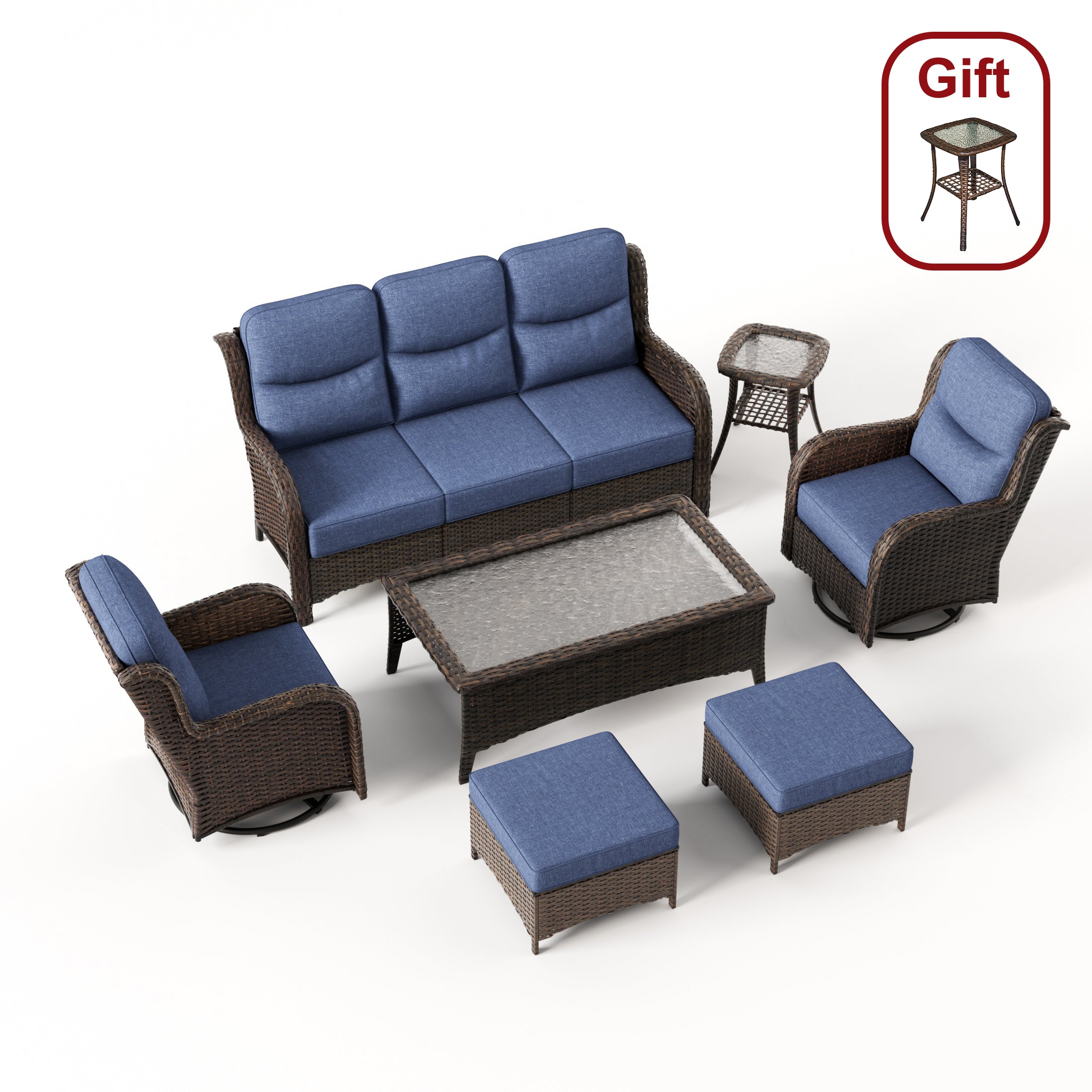 Hawthorne Blue Wicker Furniture Patio Sofa And Swivel Glider Chairs With 6-Inch Cushions