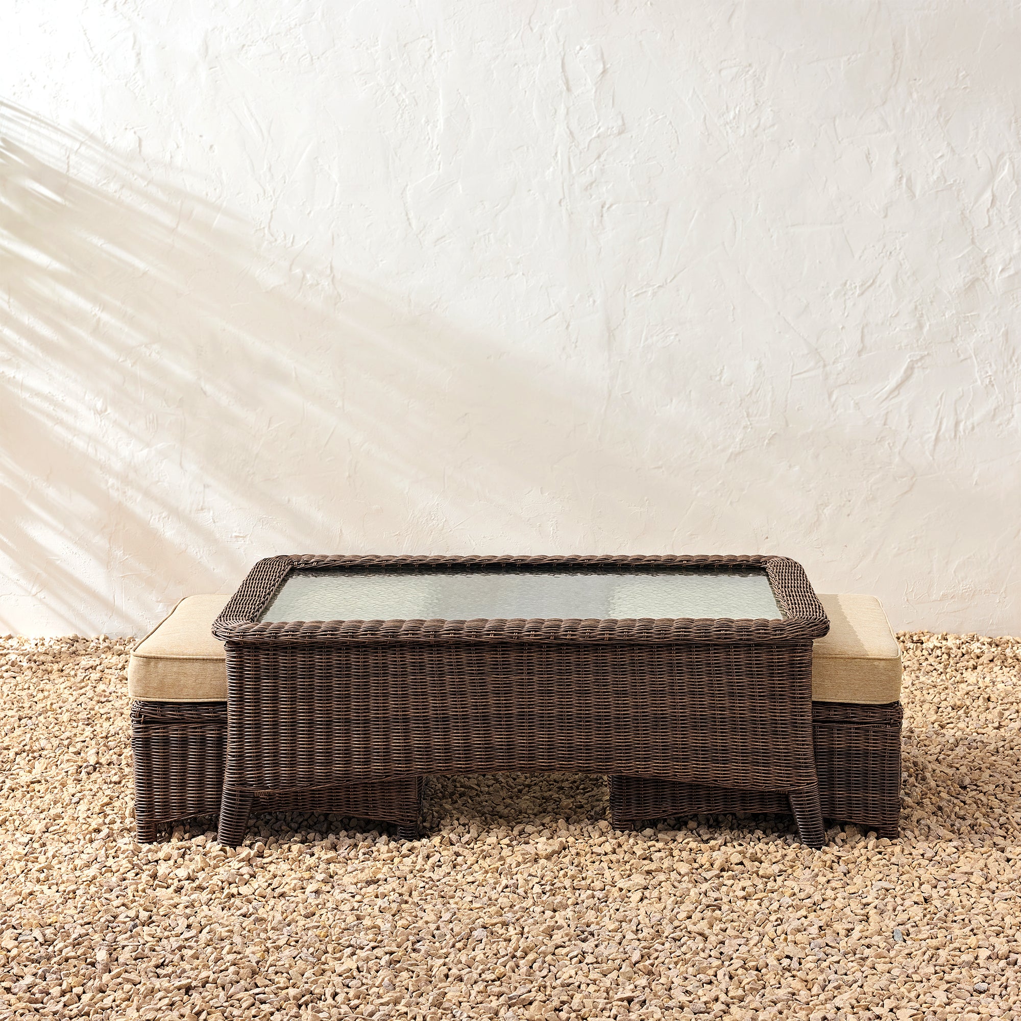Outdoor Wicker Coffee Table With Tempered Glass