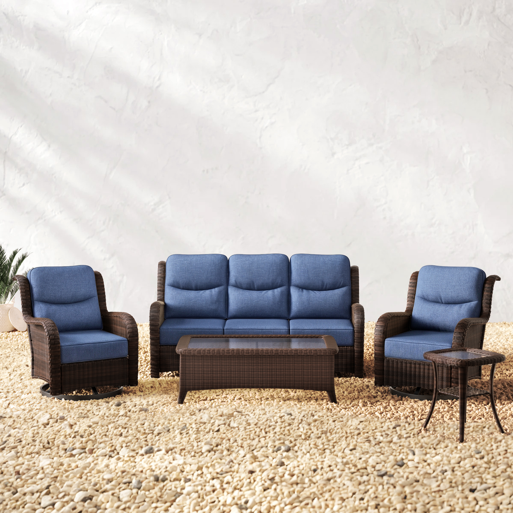 Ardenelle Luxury 5 Piece Patio Wicker Blue Sofa Set With Tables