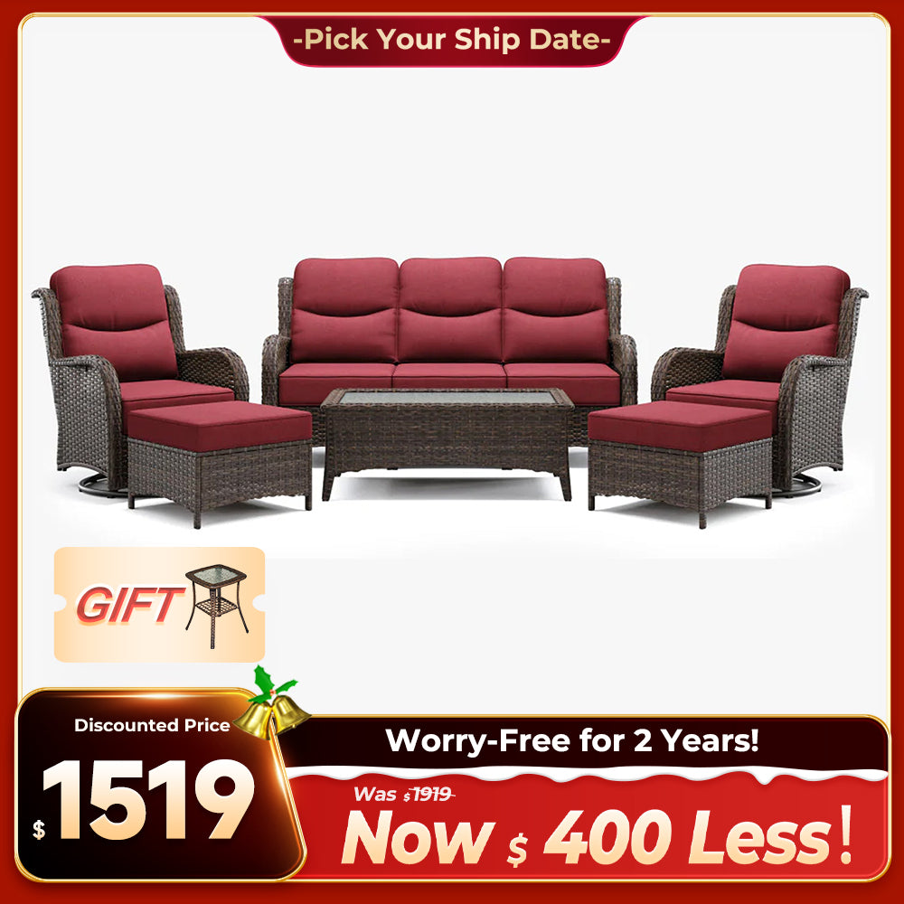 Hawthorne Red Wicker Furniture Patio Sofa And Swivel Glider Chairs With 6-Inch Cushions