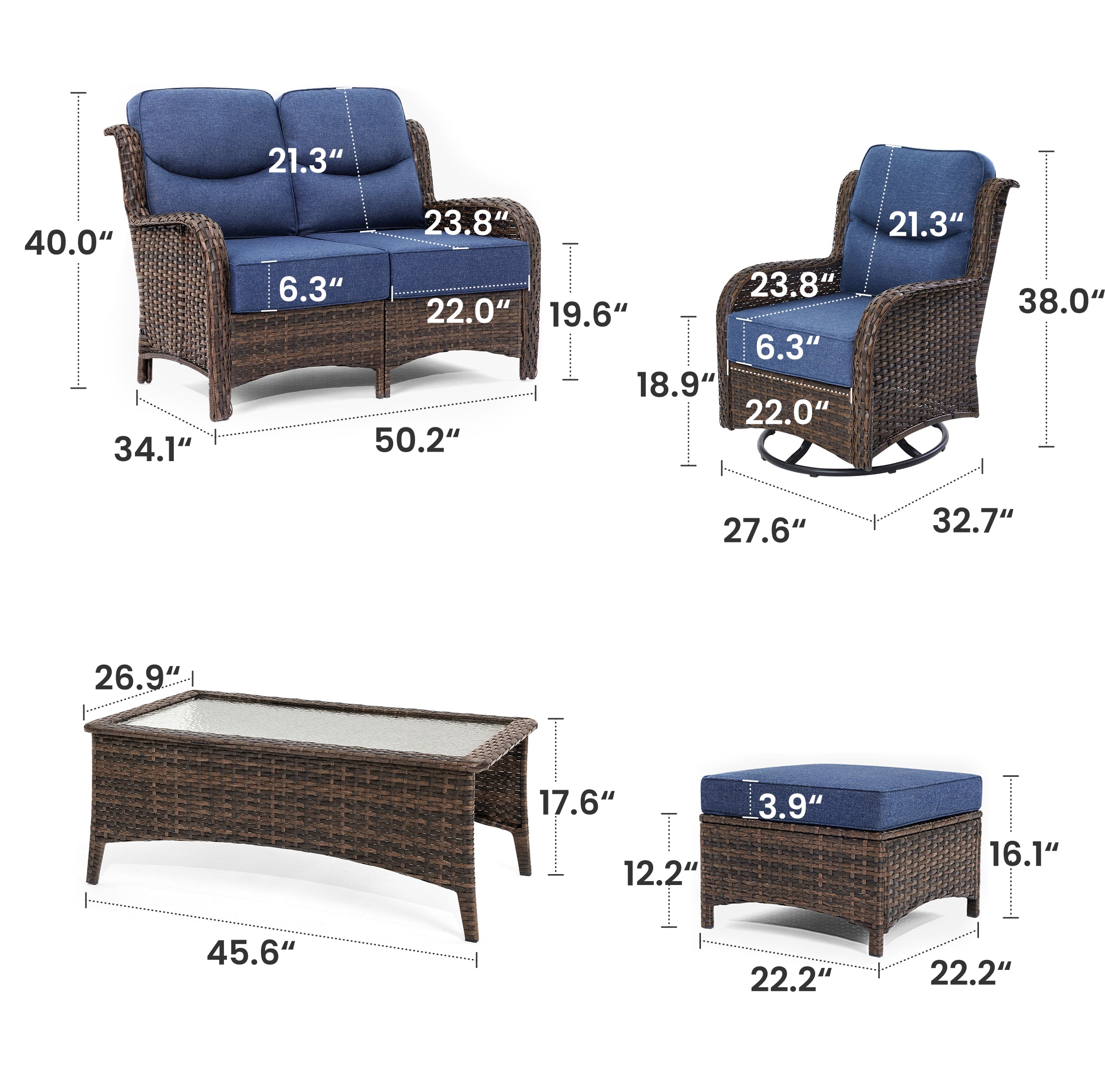 Hawthorne 6 Pieces Outdoor Wicker Loveseat Set With Ergonomic backrest Design & Comfort Cushions
