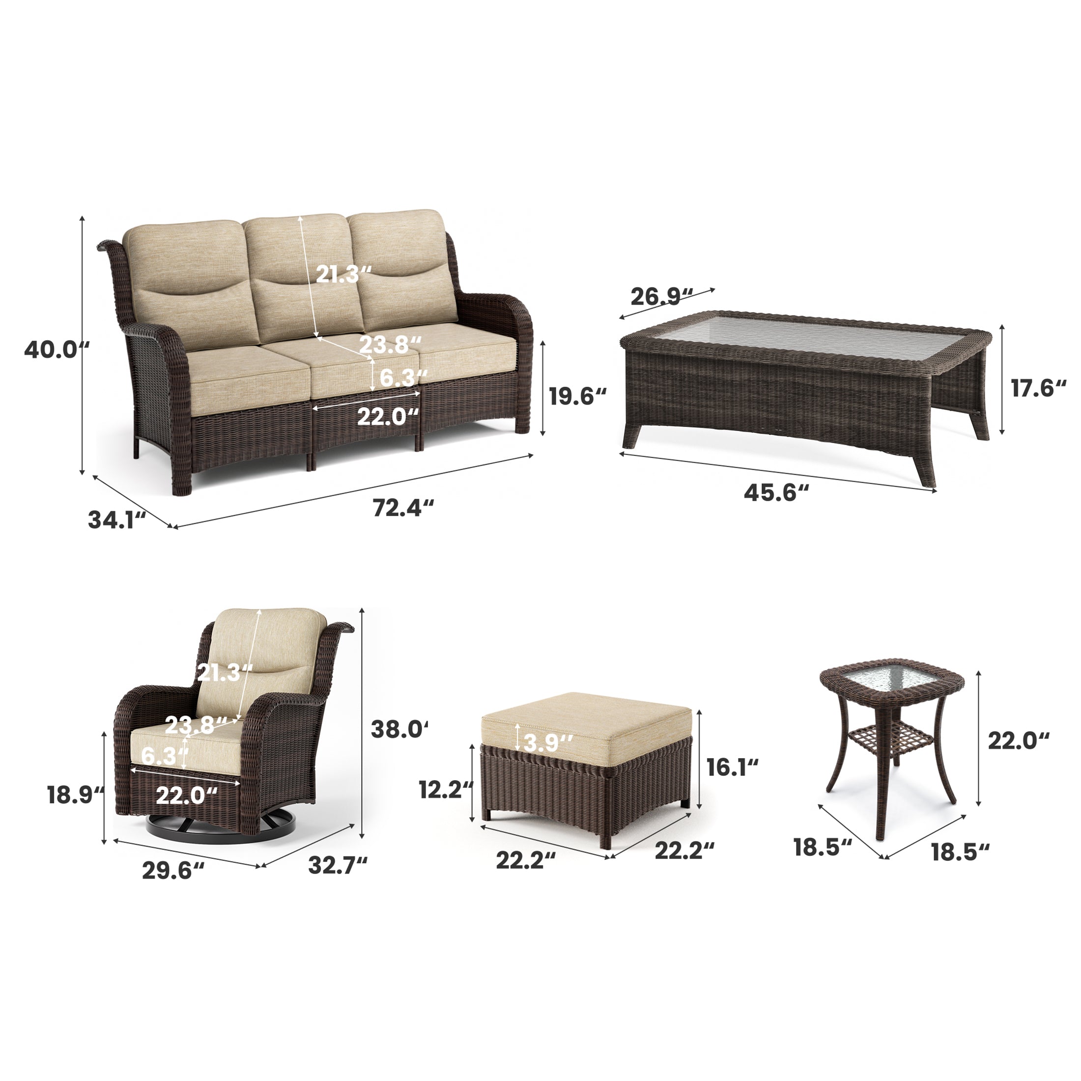 Ardenelle Luxury 7 Piece Patio Wicker Sofa Set With Ottomans, Tables And Covers