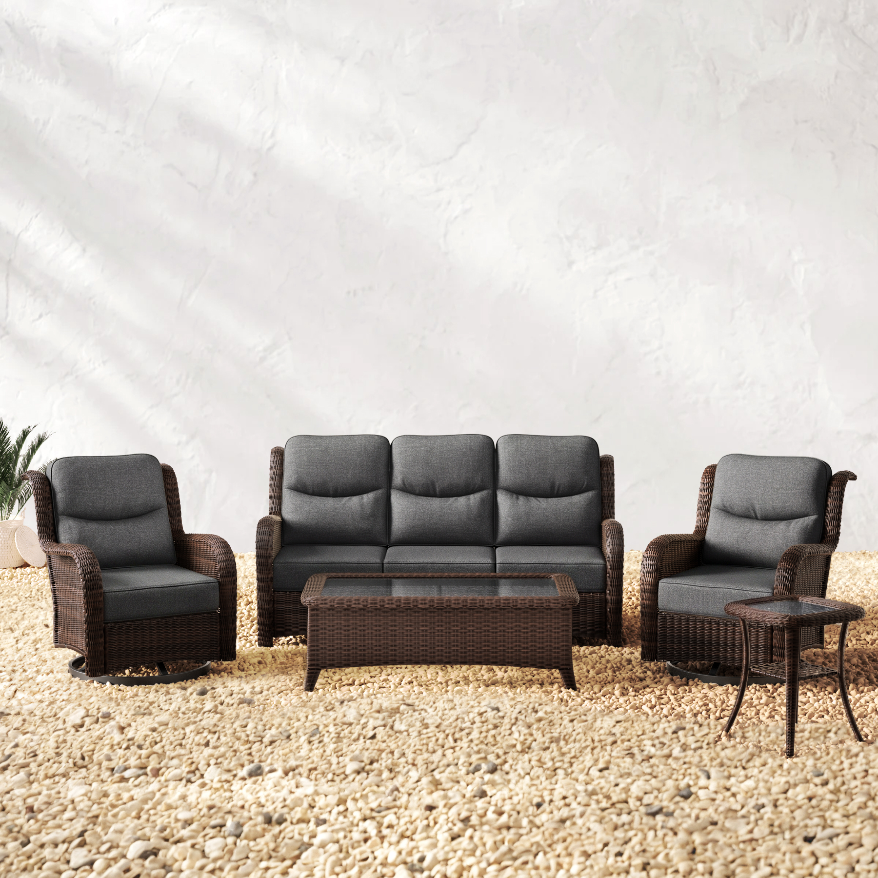 Ardenelle Luxury 5 Piece Patio Wicker Dark Grey Sofa Set With Tables