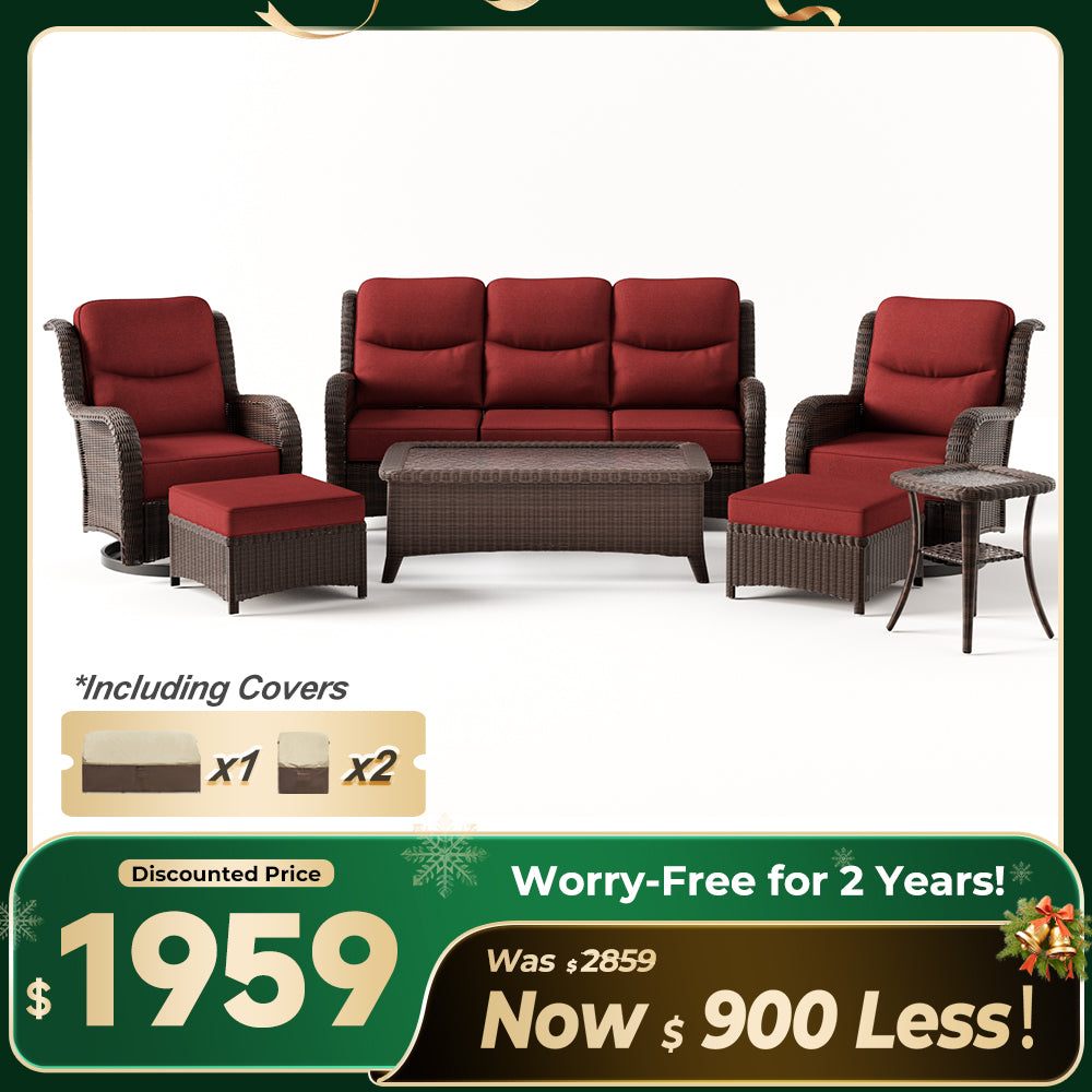 Ardenelle Luxury 7 Piece Patio Wicker Sofa Set With Ottomans, Tables And Covers