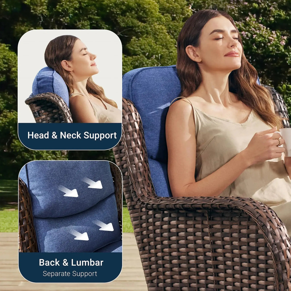 Hawthorne Blue Wicker Furniture Patio Sofa And Swivel Glider Chairs With 6-Inch Cushions