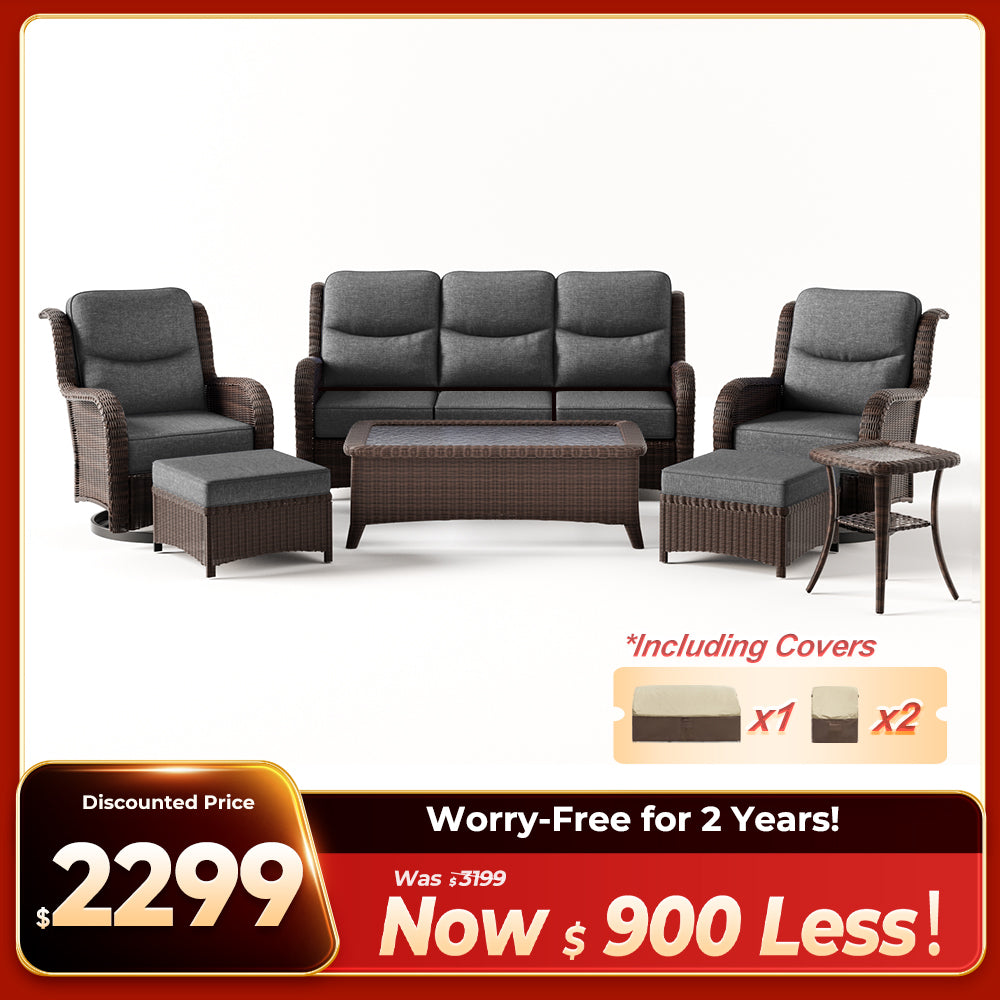Ardenelle Luxury 7 Piece Patio Wicker Sofa Set With Ottomans, Tables