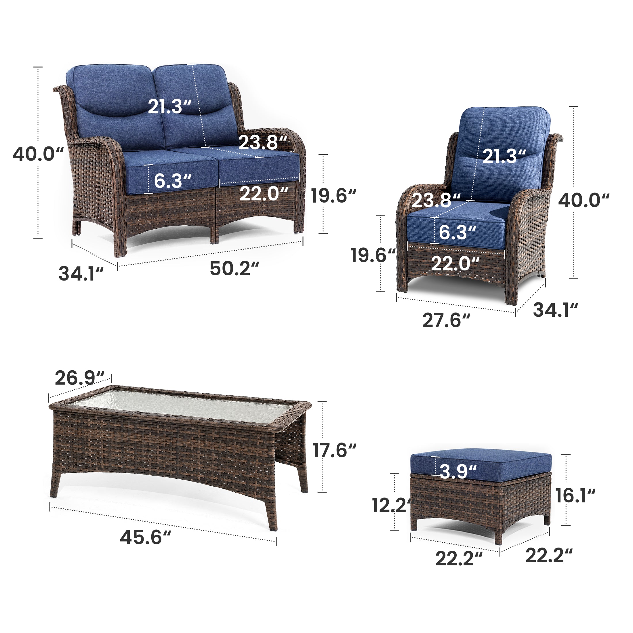 Hawthorne 7 Piece Patio Wicker Lounge Chairs And Loveseat Set With Coffee Table And Ottomans