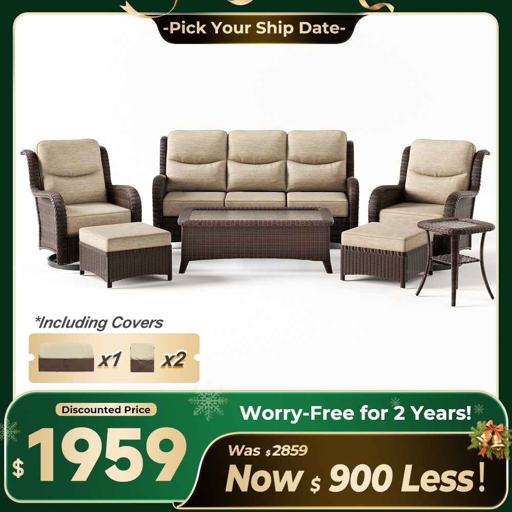 Ardenelle Luxury 7 Piece Patio Wicker Sofa Set With Ottomans, Tables And Covers