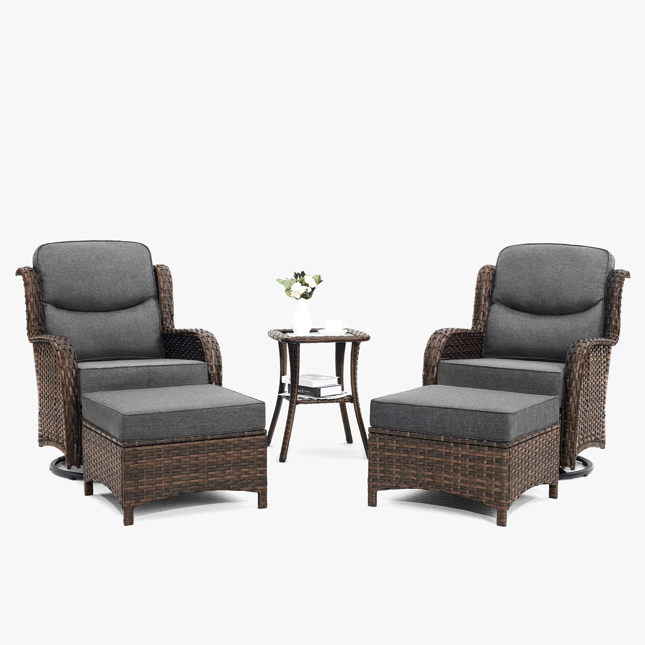 Hawthorne 5 Piece Outdoor Wicker Conversation Set With Side Table & Ottomans For Balcony
